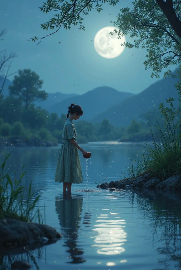 Under the moonlight,In the lotus pond,Little baby rowing dinghy