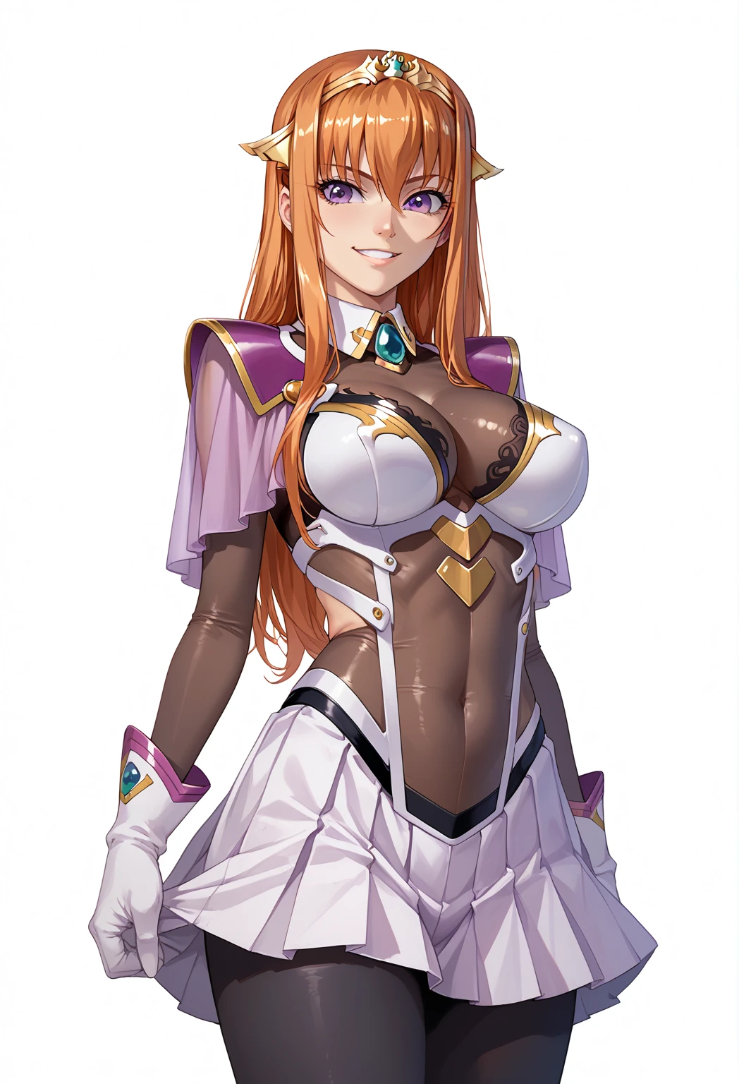 ((Highest quality)), ((masterpiece)), (detailed), (Perfect Face)、The woman is Maya Cordelia, with medium-long orange hair and is wearing a full-body black latex catsuit with gorgeous gold embroidery and trim.