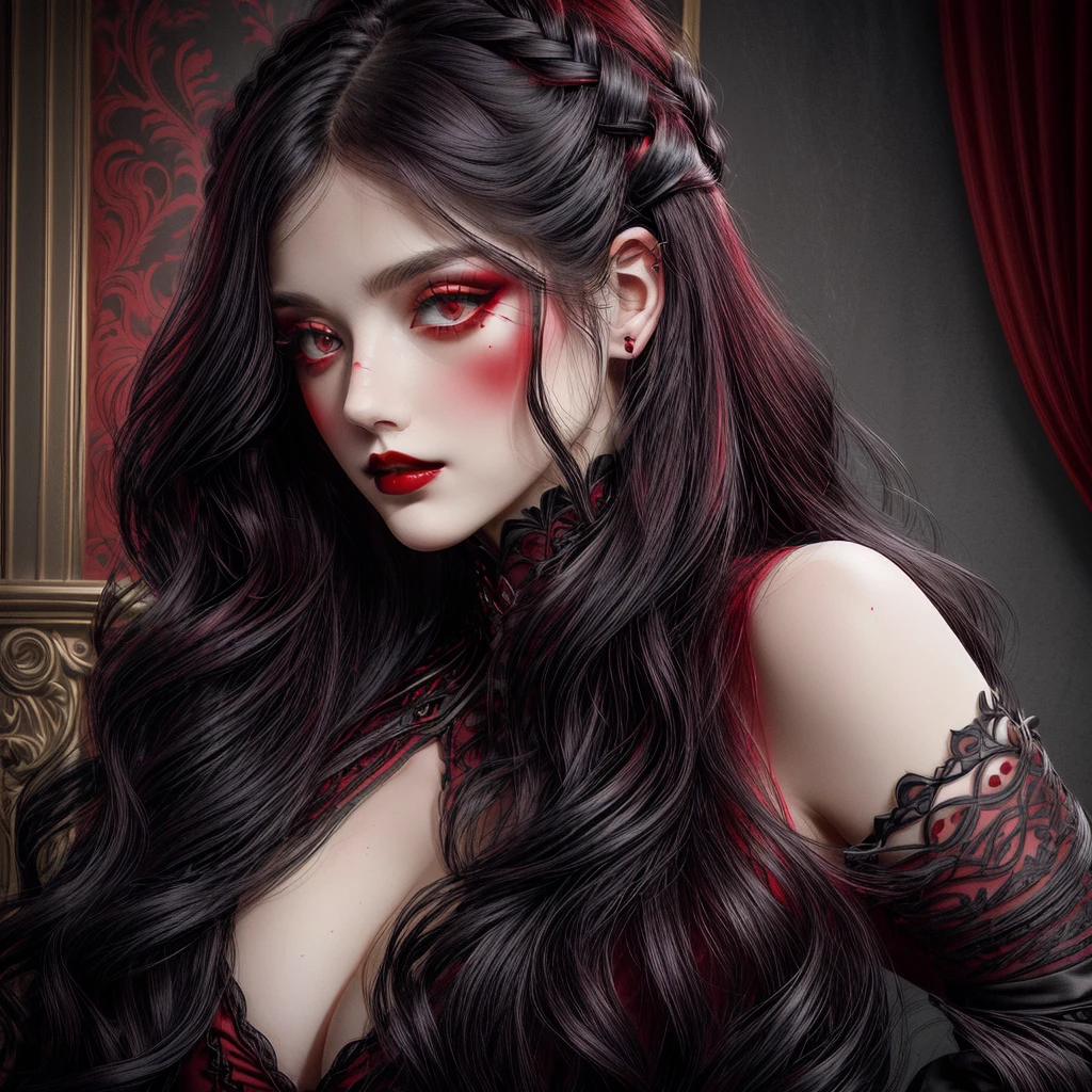 maximum quality、8K、Masterpiece artwork:16.9、gothic punk、red internal color、A brunette、hair ornaments、a beautiful girl、creative、dark fantasy style、Gothic Neogooda:16.9, a sexy girl made up sexual showing all her sexuality