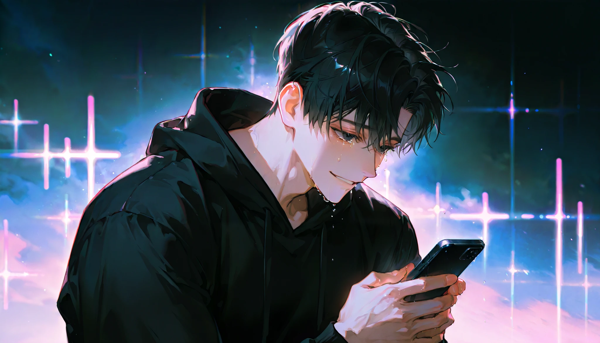 Young man， 1man ，crying，teary eyes, smiling, Handsome,short hair,Solo painting，black hoodie, mature man, muscles，solo，alone，handsome，black hair, black eyes, contemplative pose, holding phone, ambient background with neon glitches background