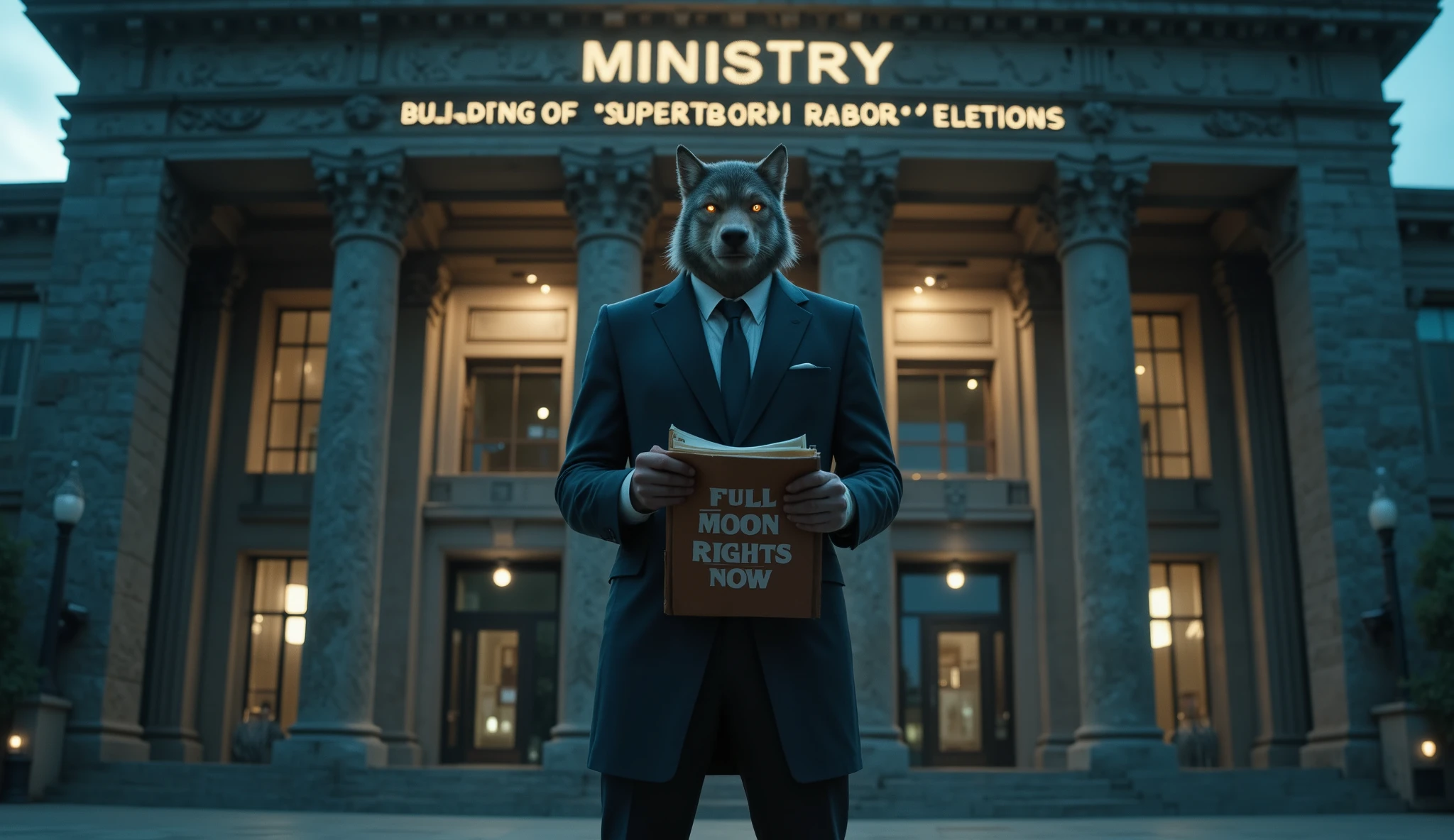 The building of the Ministry of Supernatural Labor Relations is a massive stone structure with columns and a sign. In front of the entrance there is a lone werewolf in a business suit, holding in his hands a folder with documents and a poster with the inscription "Full Moon Rights Now!"
Modern Fantasy, Cinematic Style, Photorealistic, Dramatic Lighting
