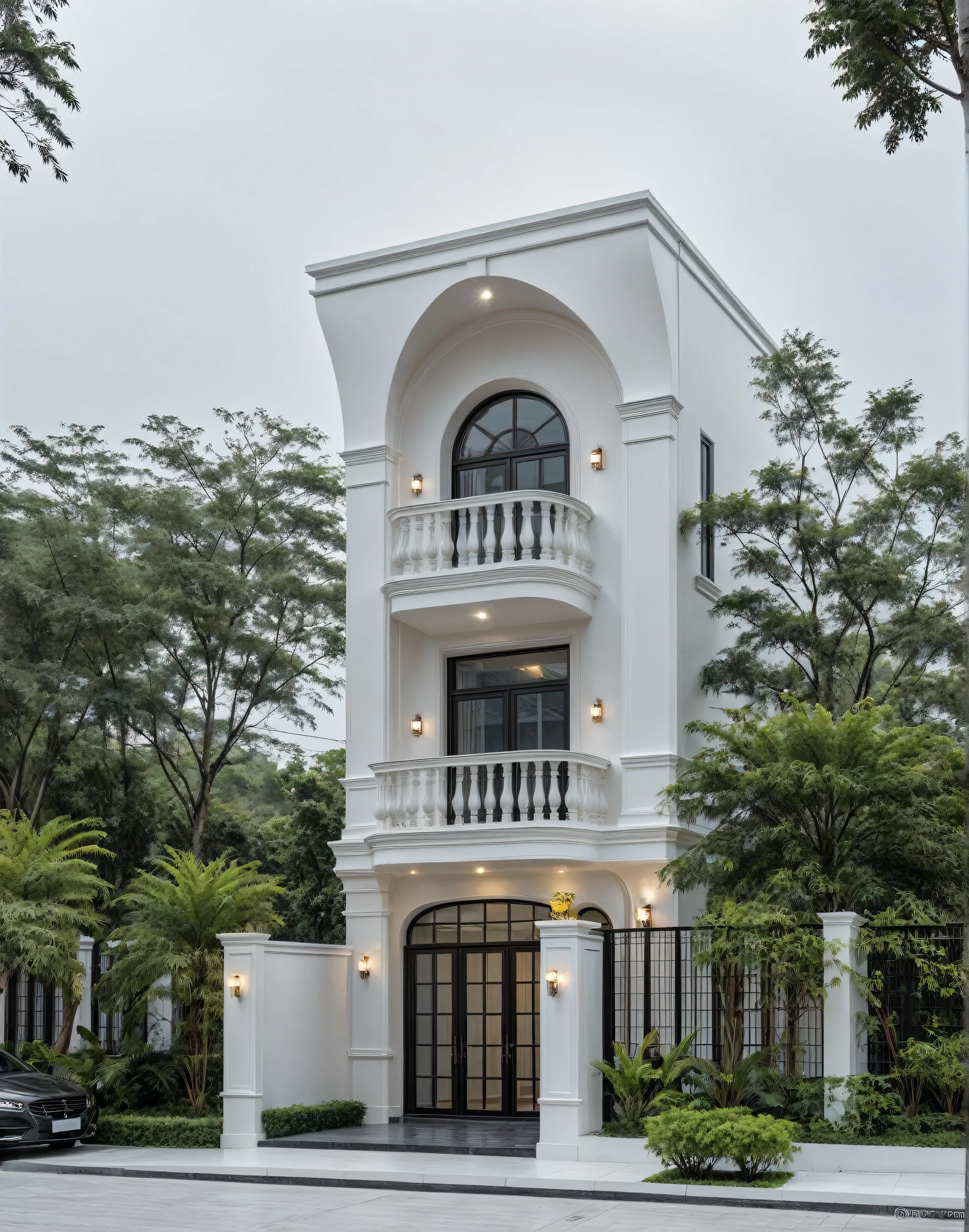 RAW photo, a photo of a classic house, (curvilinear architecture:1.4), rounded wall , white wall, classic balcony, sidewalk, sidewalk, trees, road, viet nam modern residence, ((architectural shot)), modern house, new residential area, wide angle exterior 2022, contemporary house, exterior photography, masterpiece, contemporary architecture, overcast, indirect lighting, rainy road,