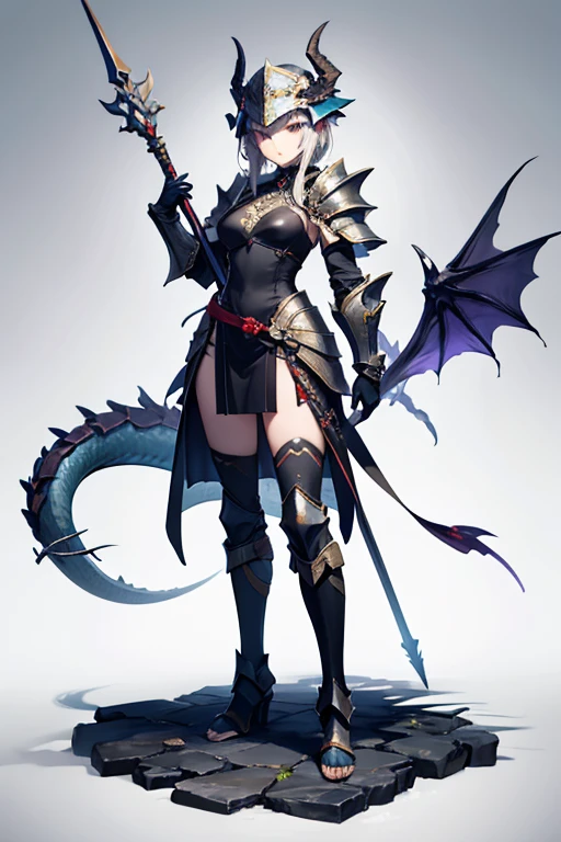 masterpiece, best quality, absurdres, perfect anatomy, standing, 1girl, solo, arm tattoo, bare shoulders, sleeveless, dress, dragon girl, dragon horns, jewelry, tail