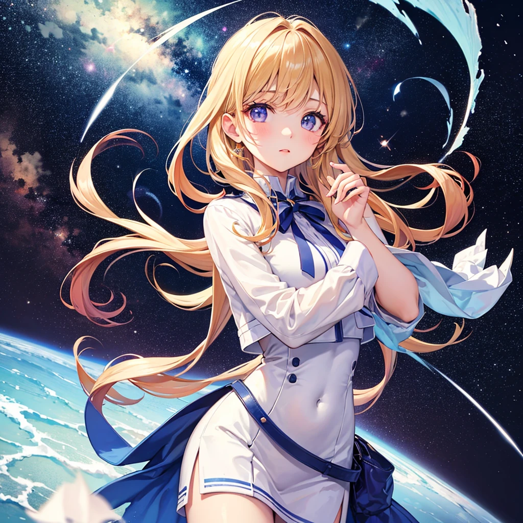 photo realistic, photo realistic, photo realistic, (masterpiece, best quality:1.4), (8k, raw photo, photo realistic:1.2), , detailed skin, detailed face, 1girl, Japanese idol, cute-face, Child, petite, 
( sitting on the outer space grasping one's eyebrows), (((Hugging the earth))),  blonde hair, Wavy Hair, blue eyes. semi-long, mini skirt, White Panties, (light blue apron dress), beautiful eyes, Sparkling, 14age, braided bangs, kanzashi, full body,
Beautiful scenery, ((outer space)), void of space, in the galaxy,
planets of the solar system, high resolution, night view,  pretty fingers, beautiful feet, small , colorful stars, many ball of light, Fantastic, beautiful stars, full body shot, countless lights, many Orbs,
