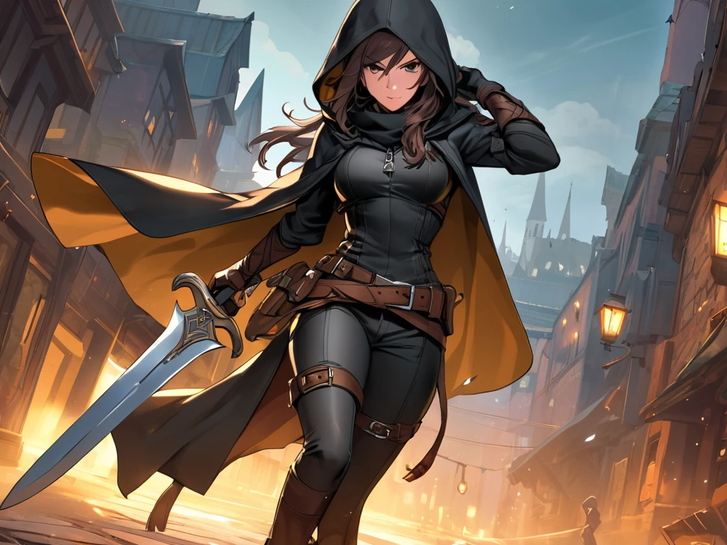 A young female assassin walking through a medieval city at night. She has a stealthy and determined expression, wearing dark, hooded clothing that helps her blend into the shadows. She carries various weapons, such as daggers and throwing knives, hidden within her attire. The background features narrow, cobblestone streets, tall ancient buildings, and dimly lit lanterns casting eerie shadows. The atmosphere is tense and mysterious, capturing the essence of a skilled assassin navigating the city unnoticed.