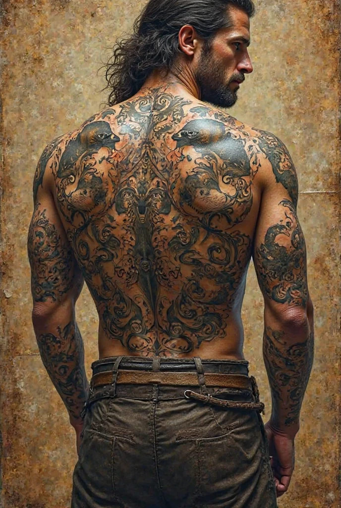 Back Tattoo, male, by Alphonse Mucha, best quality, masterpiece, very aesthetic, perfect composition, intricate details, ultra-detailed