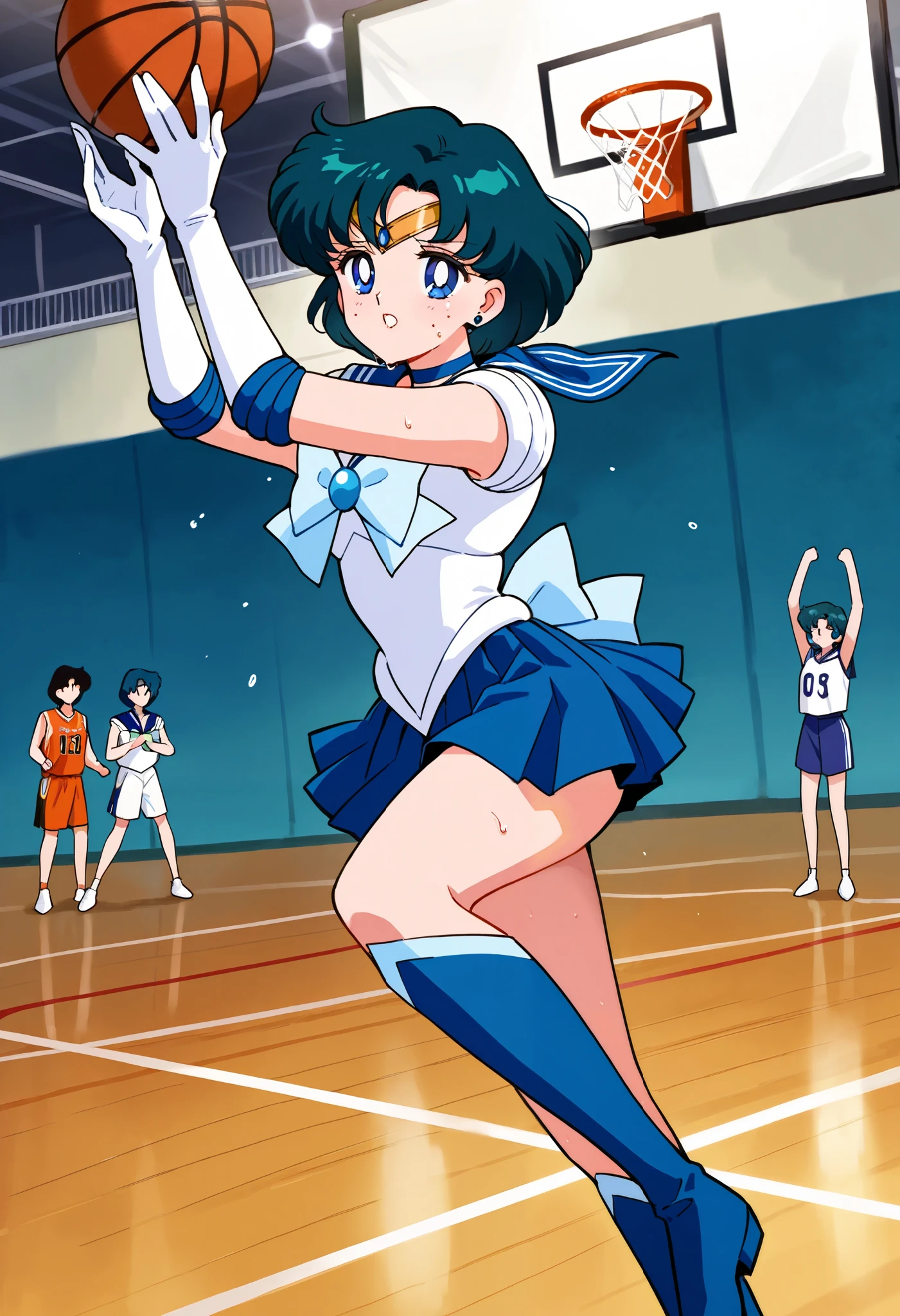 girl, solo, Mizuno Ami, Sailor mercury(from the anime Sailor Moon), Wearing tracksuits, playing basketball, basketball court in the background, cheering spectators, sweat, elegant posture, dilapidated, clear face, beautiful eyes, masterpiece, best quality, very aesthetic.