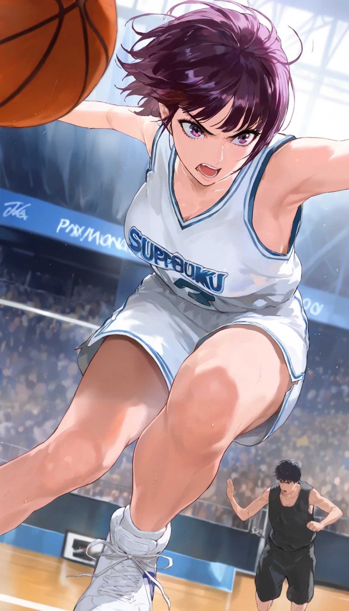 illustration , dramatic lighting , masterpiece , best quality , ultra-detailed , photorealistic depiction of a slam dunk contest in basketball court . many girls panicking in background, 1 girl dunking on the basketball ring,dramatic action shot , colorful eyes . colorful lighting, the setting is very bright and colorful, lensflare, NBA, 3/4 body. (super sharp focus), (slam dunk, into basketball ring), holding 1 ball
