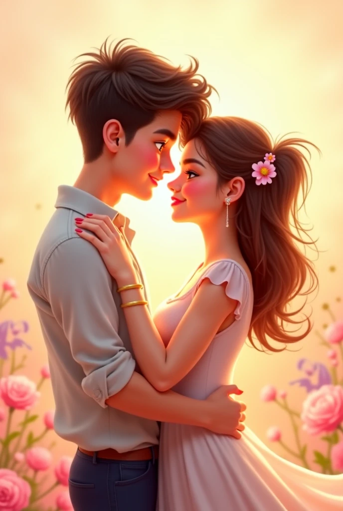 A 20 year boy wear subham name print dress give rose to  a 20 year girl wear Karisma name print dress 