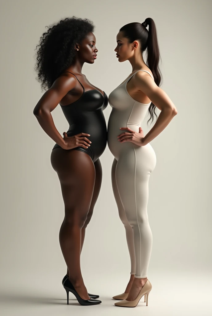 Black muscular woman confronts weak and scared skinny white woman wearing black sequins mini skirt and black push up bra