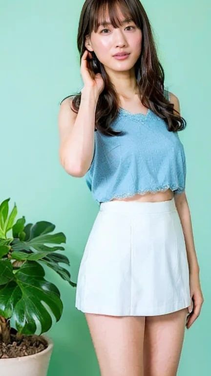 beautiful half Asian girl with defined jaw, modest but seductive, Modeling shot, Europe, designer colorful clothes, short skirt, crop top,  beautiful nature