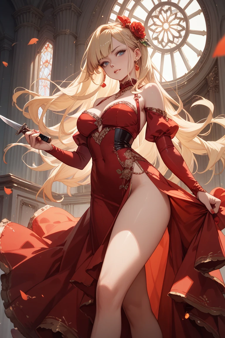 Please follow all prompts below exactly and faithfully. This is a breathtaking masterpiece of digital illustration, with maximum resolution, UHD, 512K, 2160p, 10 million ppi, 300 million dpi, natural color tones, ultra sharp details, perfect outlines with contrast, **most realistic skin and hair textures**, most beautiful detailed eye features, perfect anatomically correct human body, beautiful background with depth, rule of thirds, depth of field, Maximize all element is used to its full potential to create the best digital illustrations, 1woman, sexy:1.5, beautiful face sharp, elegant woman, perfect body style, slender, beautiful big breasts, green eyes, blonde hair, hair over one eye, long hair, glossy very thick lips:0.7, pink lipstick:0.7, smile, Bright red flamenco dancer costume, rose hair ornament, deep cleavage, red high heels, long skirt with large frills: 1.5,