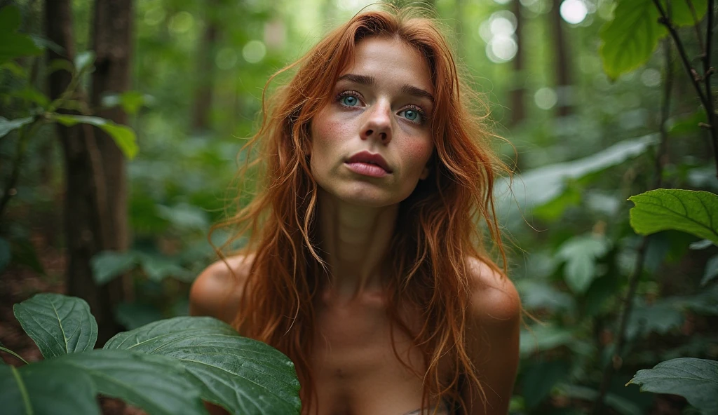 young girl ,sexy body, long haired redhead with blue eyes, naked, sexy naked, outdoor , forest, nature, view from below, view from below