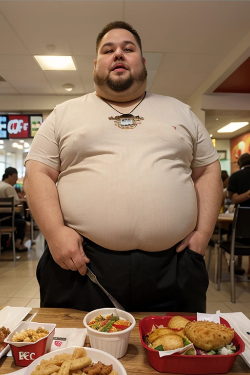 A handsome man sat and ate a hamburger until his legs began to gain weight. He was so fat that he couldn't walk. The button on his shirt came off and the hook on his pants fell into his big ass and his dick got smaller.