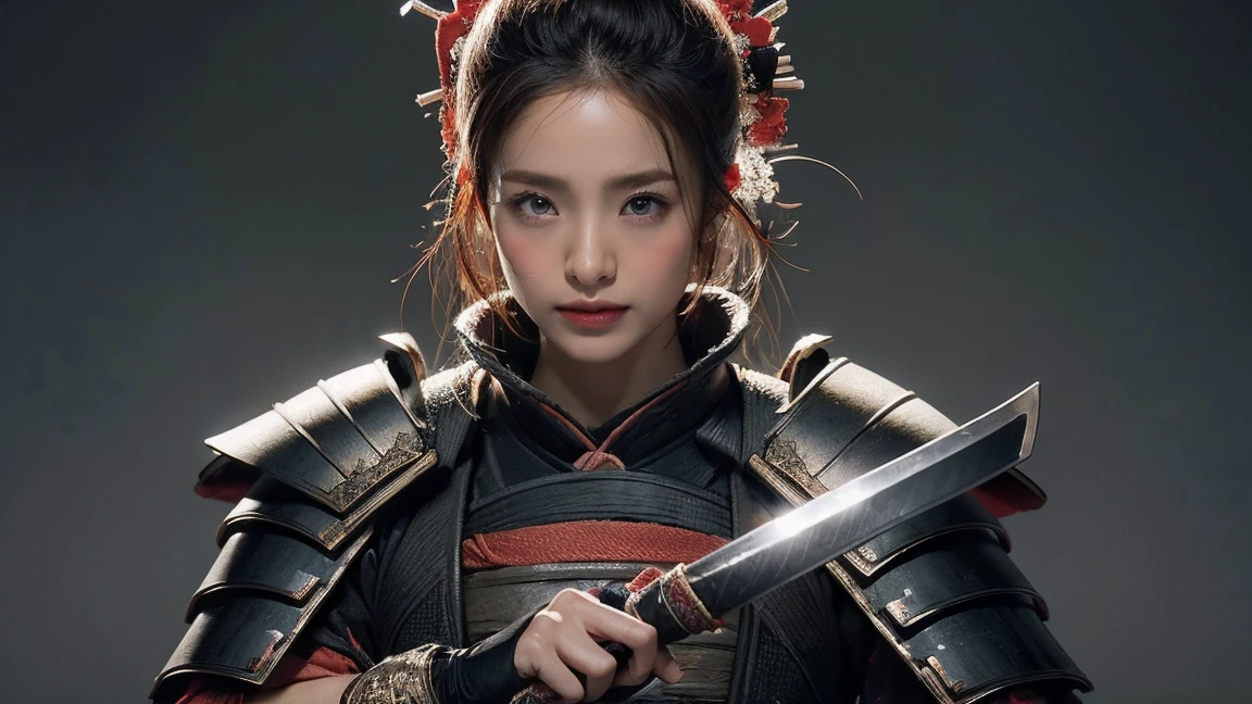 High resolution, Ultra high definition, high quality, masterpiece, woman、samurai、armor、Holding a Japanese sword、Ronin&#39;s Kimono、Center Parting、Large Breasts, Dynamic pose、His face is covered in mud and blood、Battlefields of Japan、Cloudy、クールなwoman、Textured skin, 