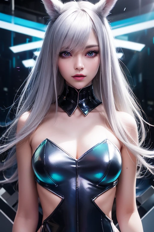 8K Ultra HD, masterpiece, A beautiful girl, Delicate eyes, good face, Thin eyebrows, Cyberpunk costumes, lightning costume, Cyberpunk, Cyberspace, Cyberpunk shiny colored background, Neon light effect, extended lighting, red lighting, sitting, Body capture,