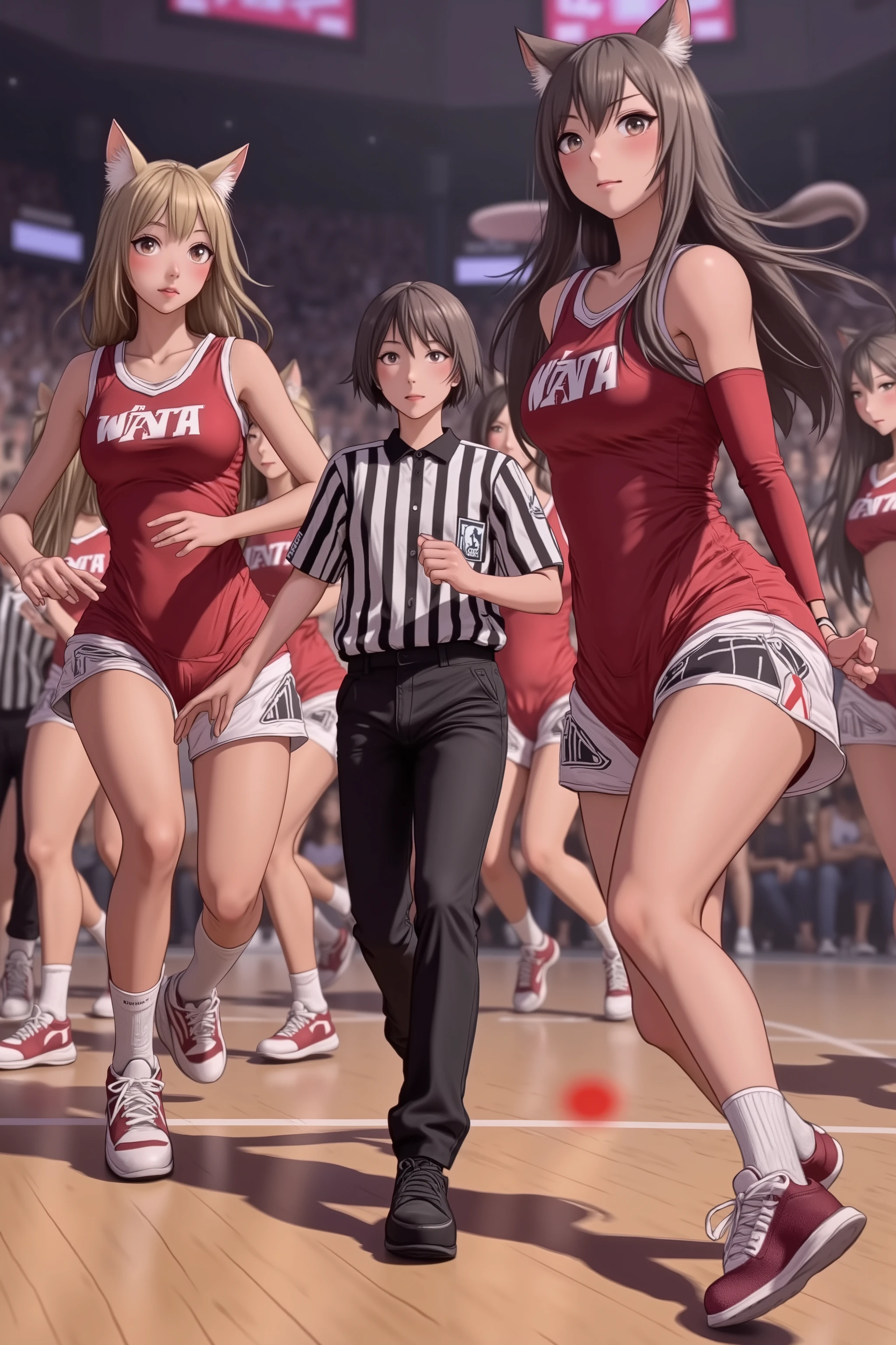 (hyper realistic) (anime cat girl WNBA) several gorgeous cat women in sexy uniforms stop playing basketball abruptly and wheel on the referee. The referee is panicked and runs from the cat women. A red dot is being projected on his black and white shirt. Claws out comedy