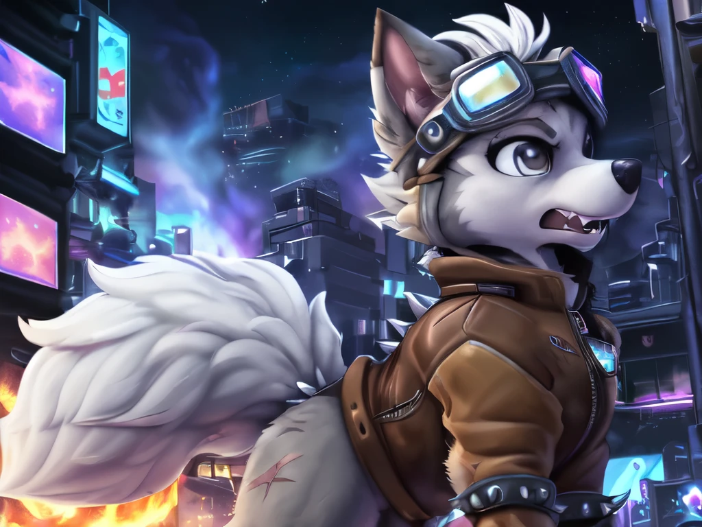 Gasket, ((Paw Patrol)), ((female solo)), domestic dog, female, adult female, brown eyes, (((gray fur)), ((gray body)), (wearing brown leather jacket:1.25), (wearing spike wristband:1.25), (feral:2.25) (quadruped:2.25), (hair over eyes:1.25), (white hair:1.25), ((sharp teeths)), ((large fangs)), gray eyes, (Shiny eyes:1.6), ((Pixar eyes)), perfect eyes, ((glowing eyes)), (hyper realistic:1.65), long fluffy tail, very large tail, tail up, very furry and fluffy, ((very large fangs)), perfect ligthing, (Cyberpunk city at night background:1.25), (building at fire at background:1.65), (back side view:1.45), looking at Viewer, ((seductive break)), ((spread legs)), spread legs, (rajii:1.1) (dimwitdog:1.1), (thesecretcave:1.25), (cooliehigh:1.1), (miles-df:1.1), (complextree:1.1), (pixelsketcher:1.1), (foxovh:1.1), (zaush:1.1), (avante92:0.70), (meesh:1.1), (inu-sama:0.80), (cervina7:1.1), (F-R95:0.70), (R-mk:1.1), (xpray:1.1), (standing tall:1.65), (large fluffy tail:1.65), (close up to face:1.25), (pissed off expression:1.45), (scars all over her body:1.65), (wearing long goggles over head:1.65), (starry:1.25), (nebula:1.25),