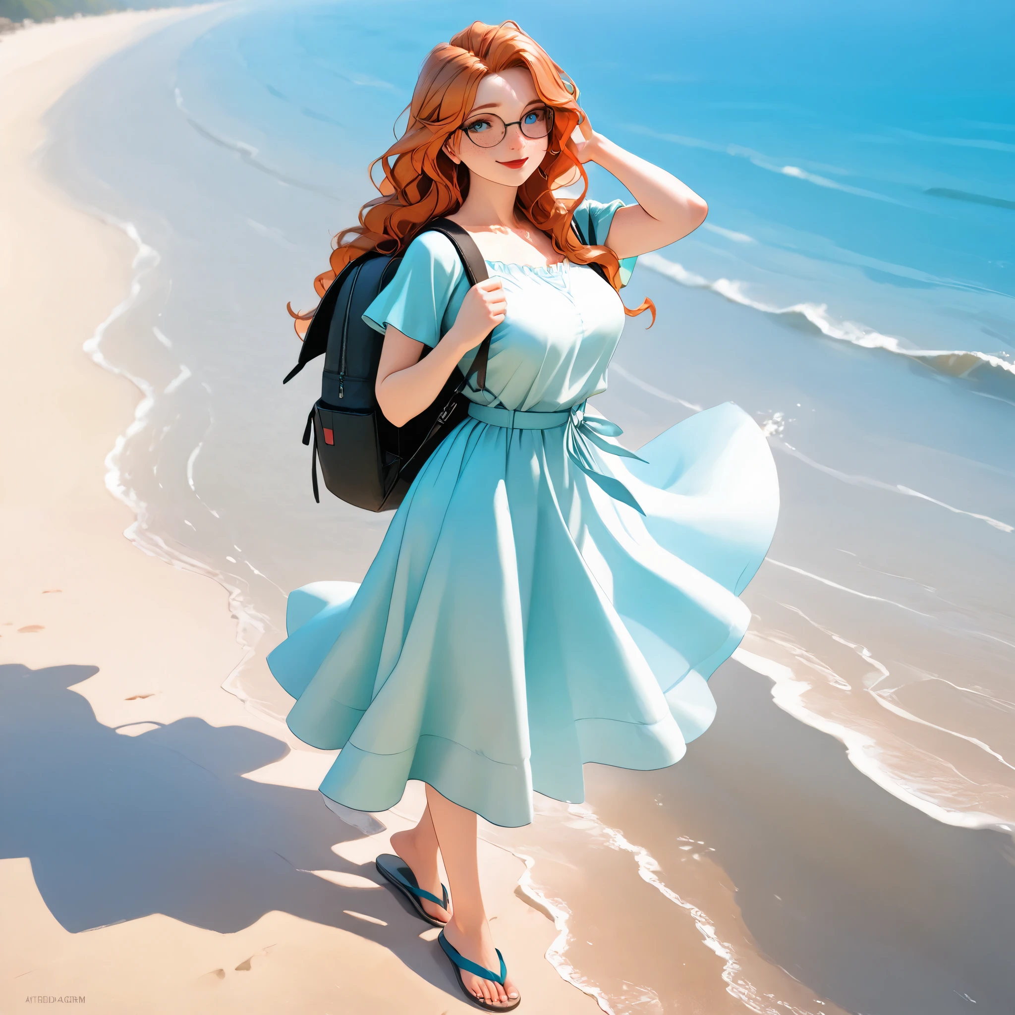 8K,Masterpiece, cgstation, hyper CGI style, extremely detailed art by artgerm, photorealistic chica anime render, 8K anime drawing style, Best Quality, 3d rendering, intricate, cute, hyper detailed, medium bust, 27 years old, a woman, sensual smile, red lips, super detailed skin, super beautiful eyes,front,perfect nose, (type of photo: medium shot, portraying the person from head to waist), 1girl, Alone, Mature woman, Disney Princess Merida, full body, MeridaXLP, freckles, wavy hair, A young woman in casual clothes walking on the beach, wearing dark glasses, carrying a small traveler's backpack, wearing flip-flops, admiring the beach from a strategic point, the view of the entire scene is from behind the girl's body towards the beach,