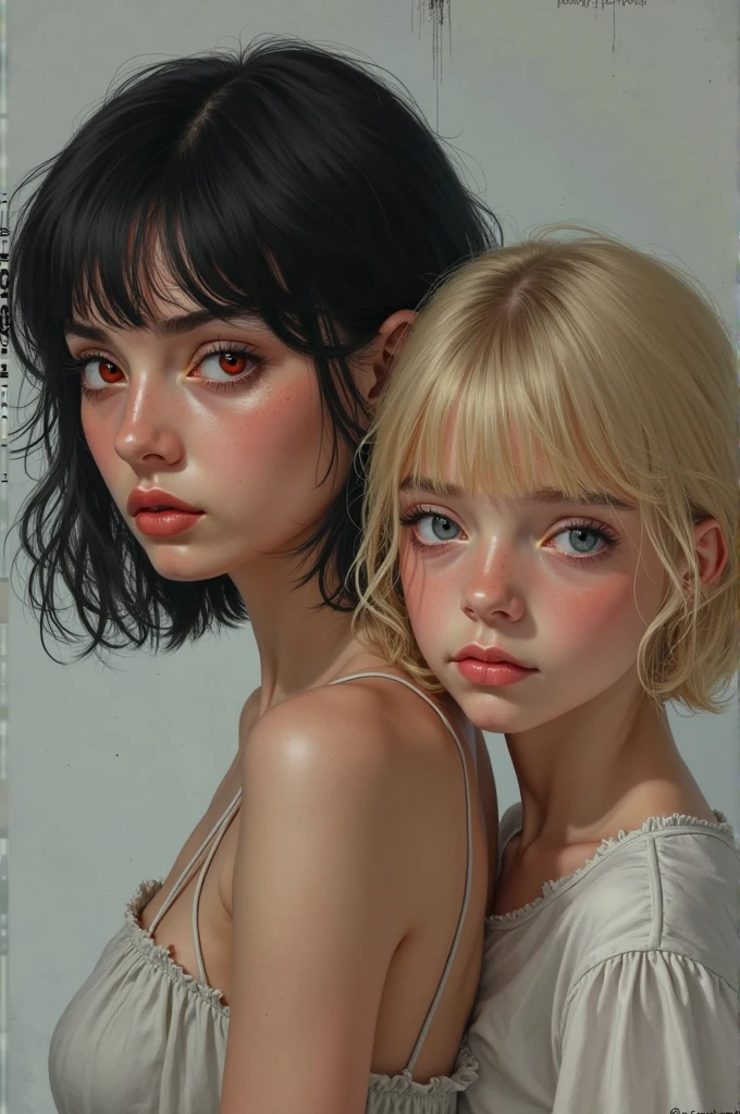 A realistic rendering of a David Wright style illustration of a very close shot, ultra close shot on the breasts of three girls, 3 pert, nubile, thin, Freckled, girls, best quality, one's open mouth positioned close to the other's nipple, one's nipple positioned close to the other's mouth, with 50s style, very short, brown and blonde hair, topless, bare breasts, small breasts, little breasts, tiny breasts pink nipples , puffy nipples , exposed nipples , wearing glowing, neon, pastel colored body harnesses, black leather, black lace, open blouse, undressing, uniform, partially clothed, silver art deco design background