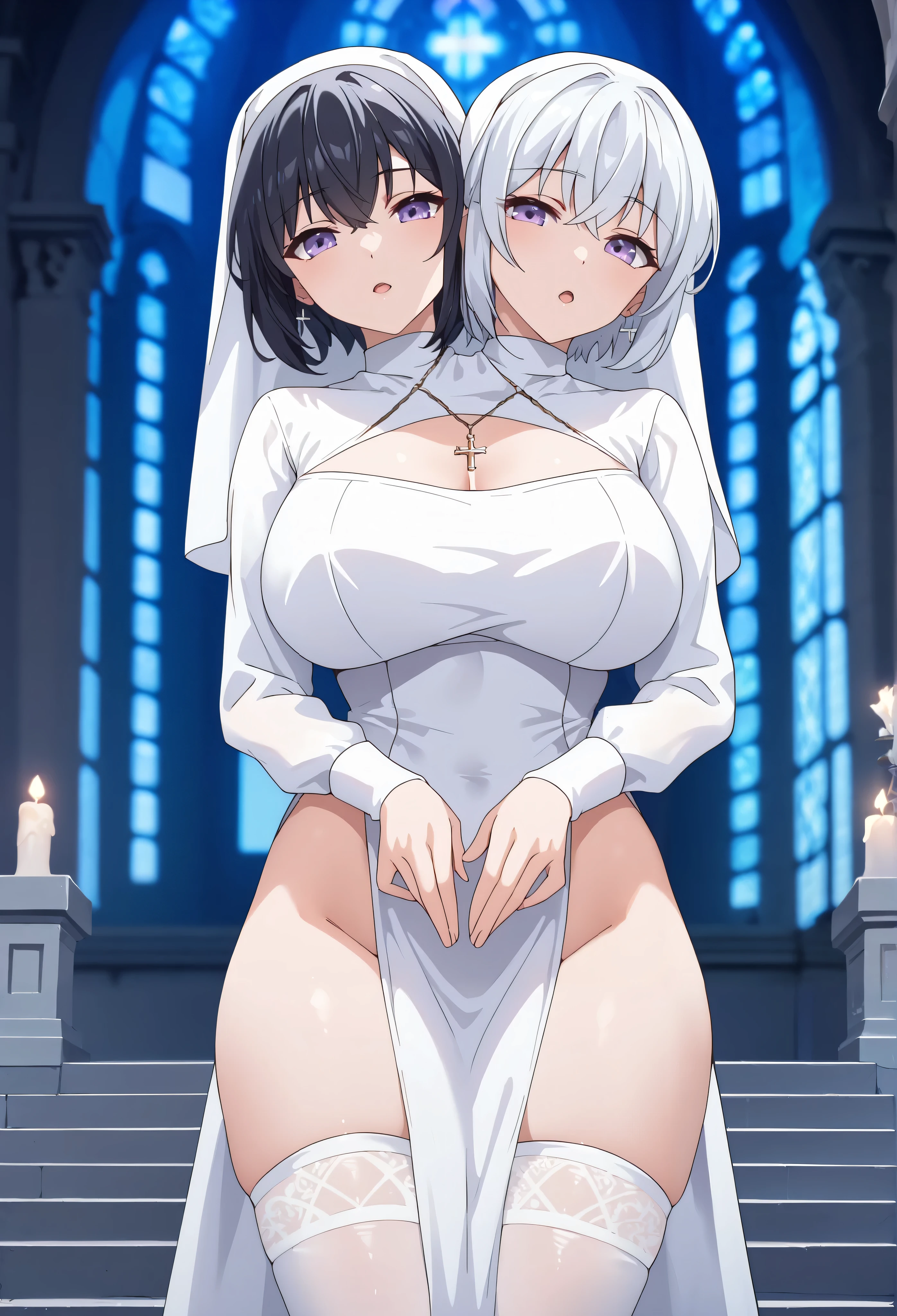 conjoined, 2girls, 2heads, two heads, a tall thin girls with 2 heads, white hair, black hair, purple eyes, large breasts, front shots, white and black mix nun clothes, pelvic curtain, white and black mix dress, long sleeves, white stockings, veil, white church, night,