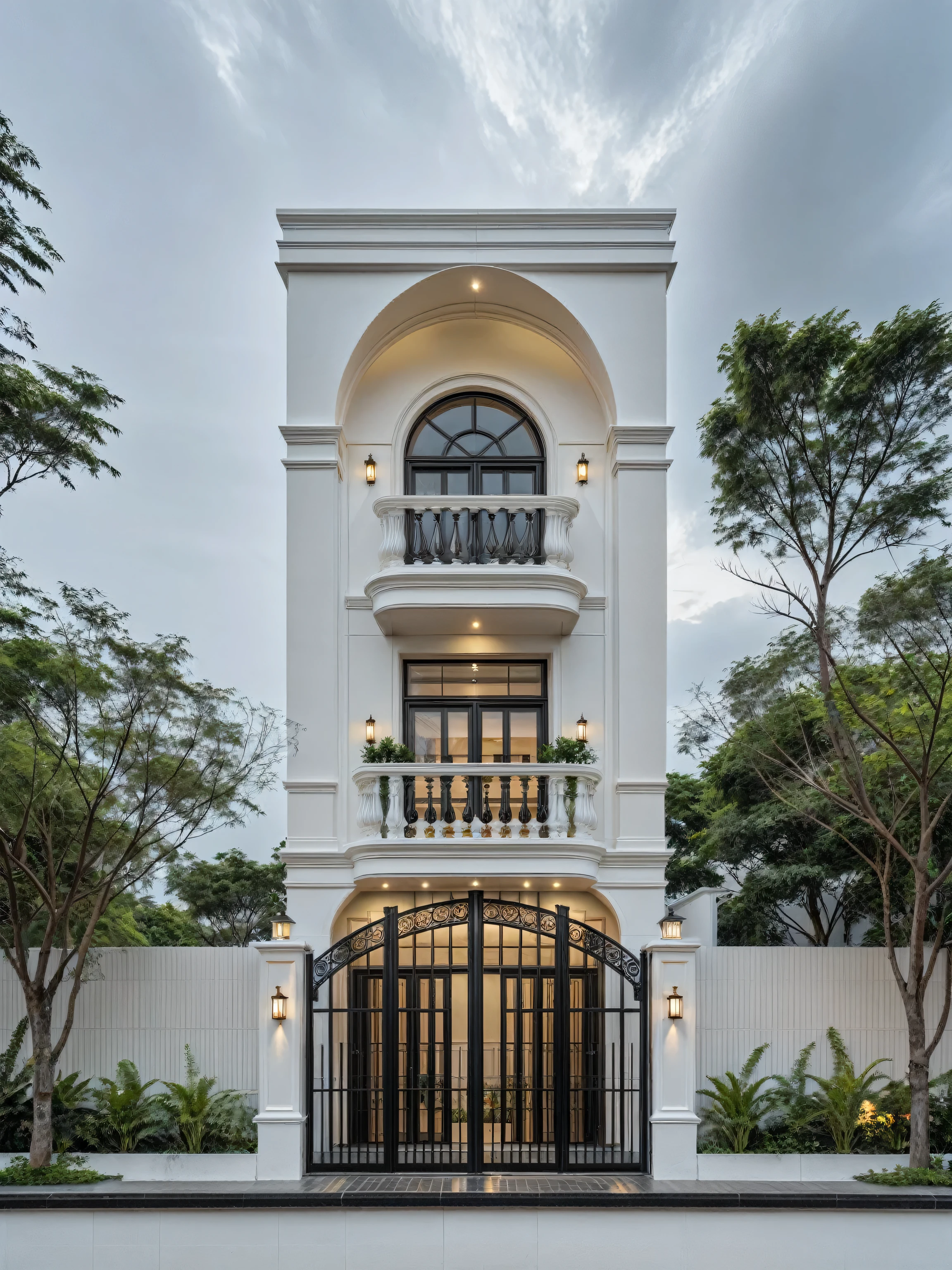 RAW photo, a photo of a classic house, (curvilinear architecture:1.4), rounded wall , white wall , steel dark gate , sidewalk, sidewalk, trees, road, viet nam modern residence, ((architectural shot)), modern house, new residential area, wide angle exterior 2022, contemporary house, exterior photography, masterpiece, contemporary architecture, overcast, indirect lighting, rainy road,