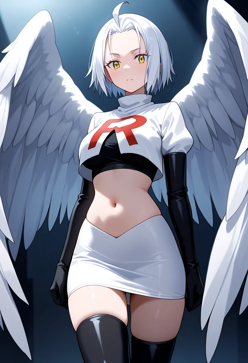 photorealistic, (4k), depth of field, (Masterpiece), (realistic skin texture), extremely detailed, intricate, hyper detailed, professional photography, high resolution, sharp detail, best quality, woman, short hair, pink hair, angel wings, large wings, yellow eyes, red gem on forehead, (flying:1.5), in the sky, (above clouds), (clouds:1.3), blue sky, between clouds, landscape far away, (outdoors), team rocket,team rocket uniform,white skirt,red letter R,crop top,black thigh-highs,black elbow gloves