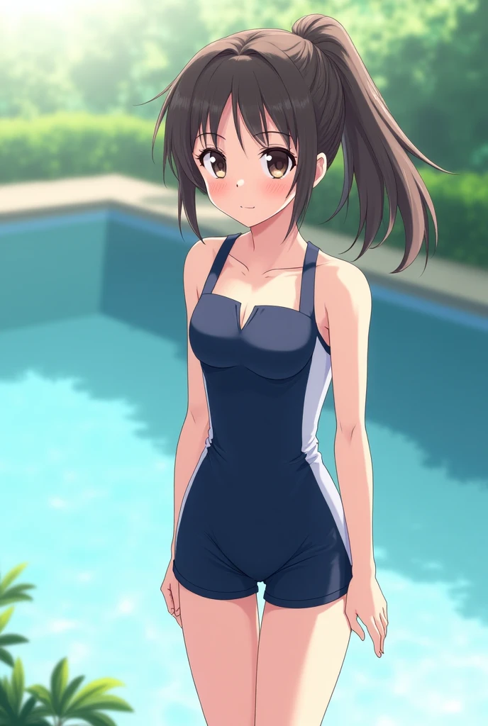 best quality, very aesthetic, Super detailed, best illustration, 1girl, おっぱい, black_hair, one-piece swimsuit, nsfw, pussy focus, aroused