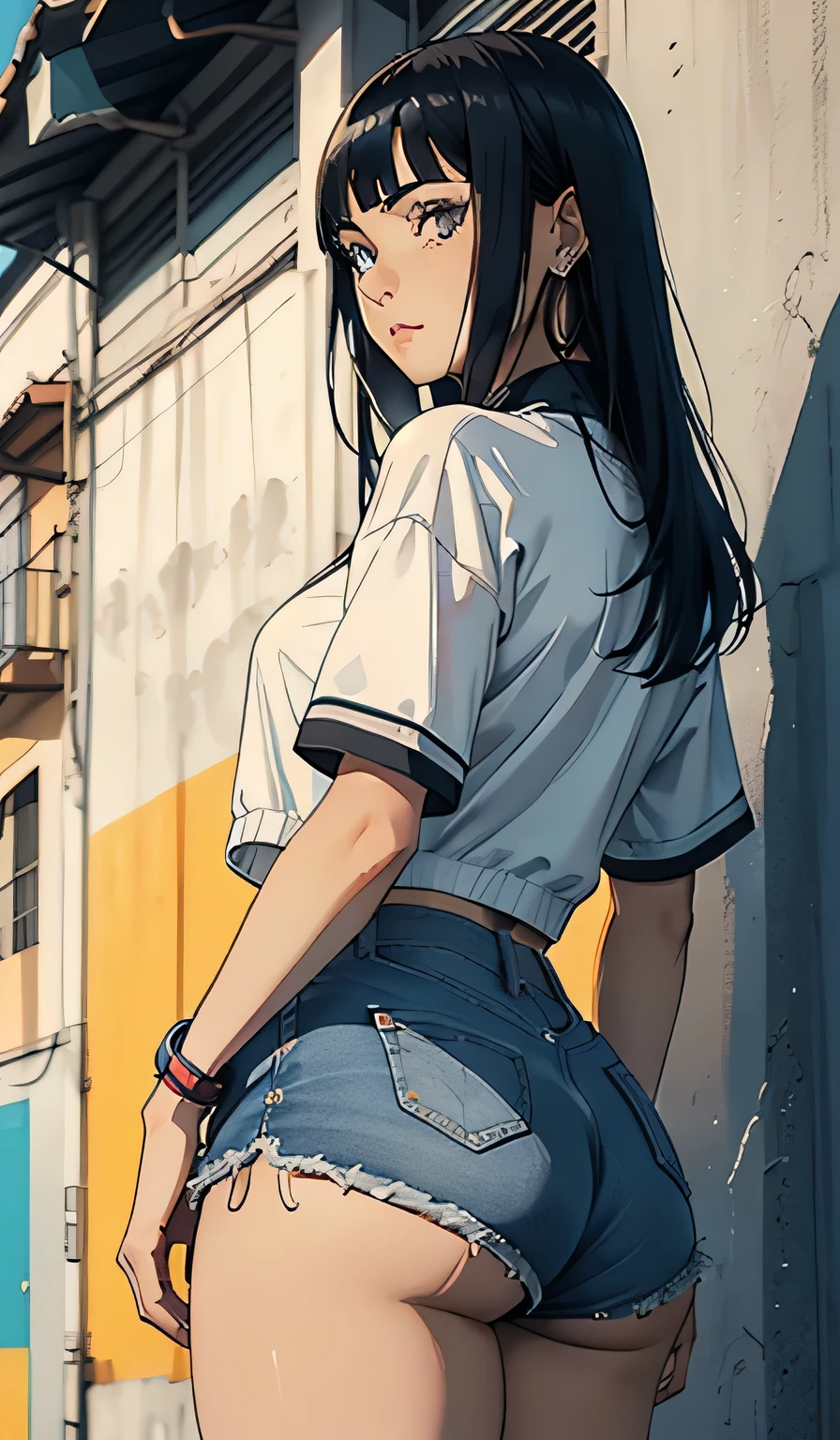 Hinata Hyuga, muito sensual, com roupas de funkeira Lacoste, Oakley Juliet, brasileira, na cidade do rio de janeiro, Brasil, dancing funk, rebolando, bunda grande, pernas grossas, usando um short jeans extremamente curto, showing a piece of ass, Micro Short Curto, usando uma mini blusa, umbigo com pirsing, sneakers Nike, cabelo comprido, caixa de som JBL no fundo, favela no fundo, periferia no fundo, corpo inteiro, muito realista, extremamente Realista, extremamente sexy, 8k, 8k extremamente detalhado), (um extremamente delicado e bonito), (obra-prima), (melhor qualidade: 1.0), (ultra highres:1.0)