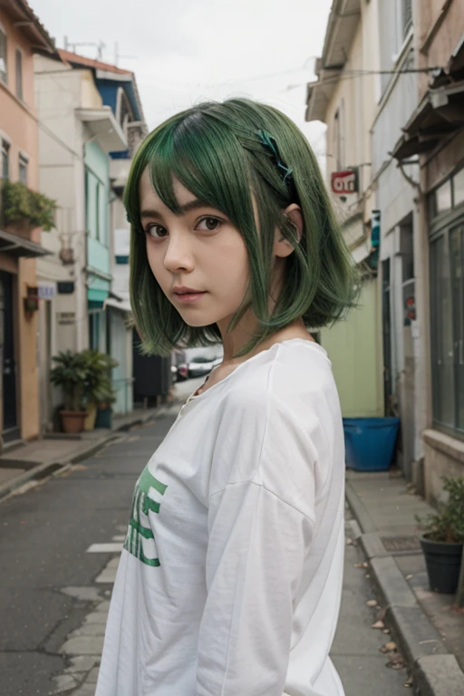 anime illustration, una bonita, Mujer feliz con cabello corto color verde, ojos azules y ropa de militar