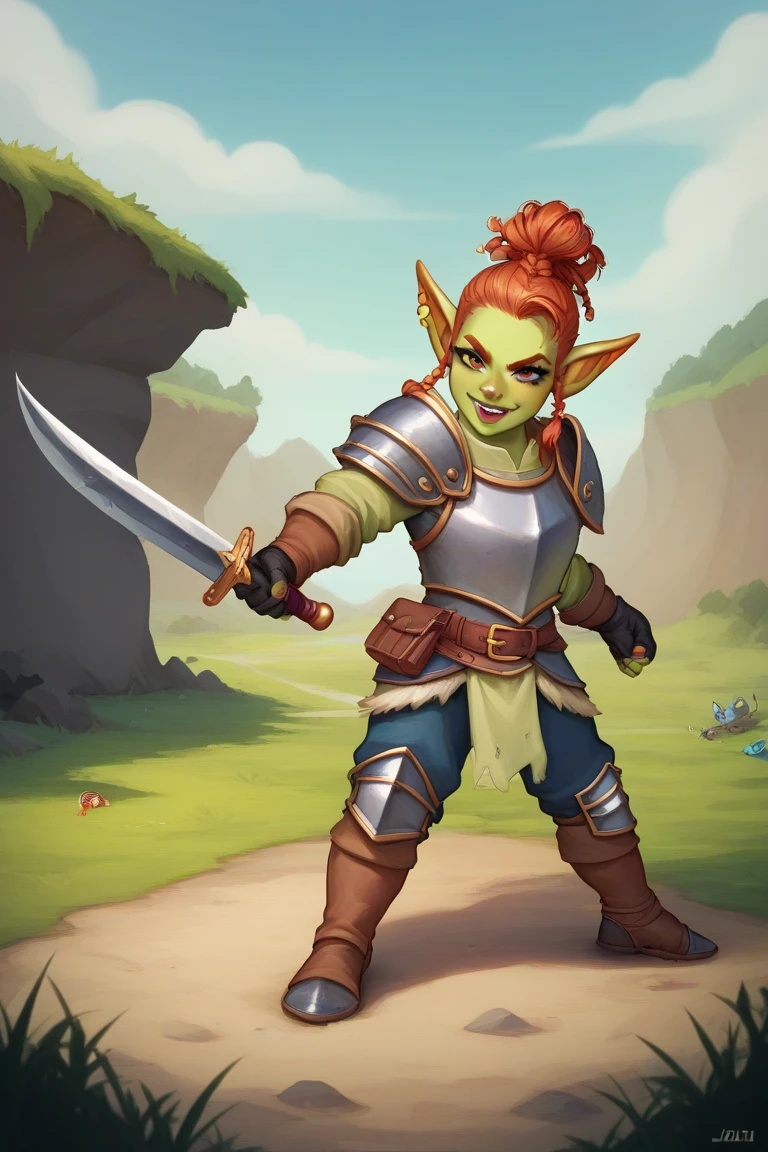 solo, alone, close up, portrait, goblin, short red hair, pink eyes, sitting in a tavern, mountains in background, looking at viewer, fantasy thief, rogue, perspective, sneaky, leather armor, deceitful