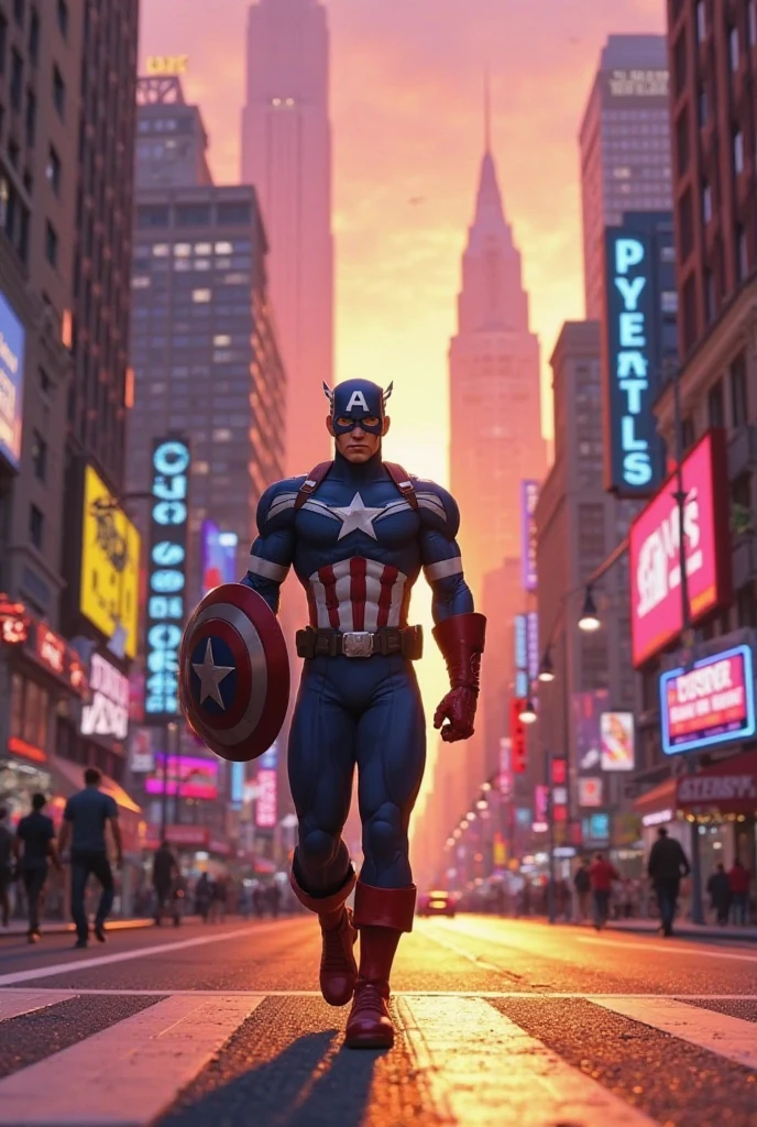 Captain America, Superhero, Times Square, On the Walk, New York, City Square, Daytime, Futuristic, Full Body Shot, Frontal Perspective.