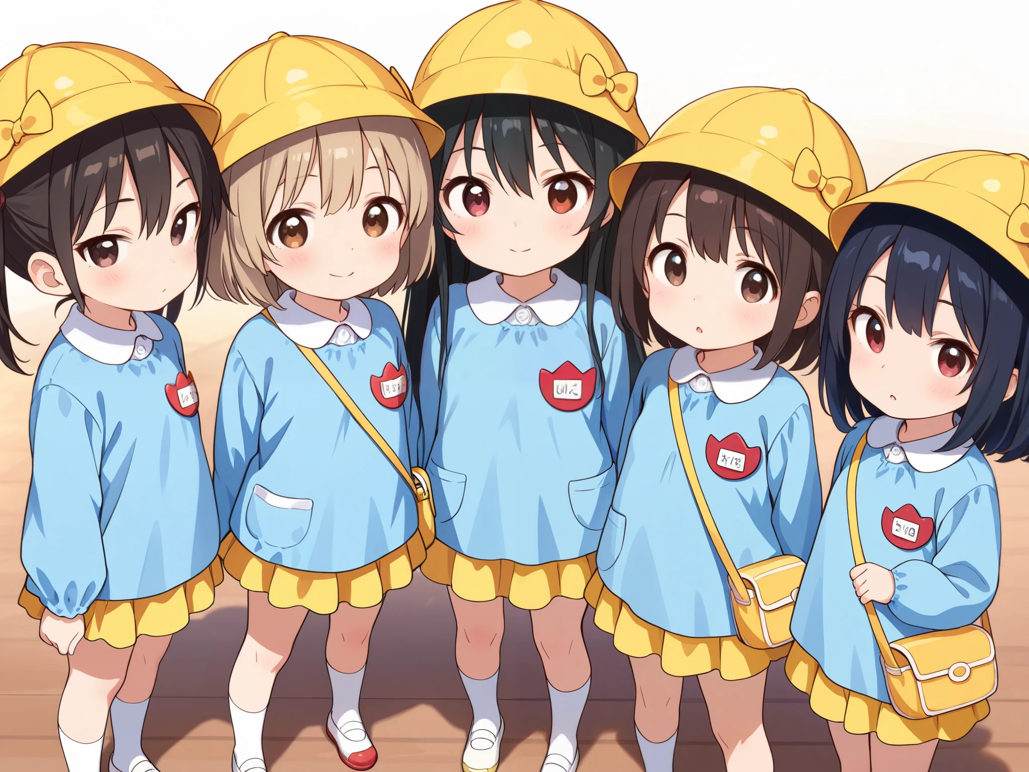 10girls, group of girls, multiple girls, (masterpiece, best quality, highly detailed, ultra detailed), bird eye view, So many girls, flat chested, various hair colors, small breasts, kindergarten, kindergarten cap, kindergarten uniform, kindergarten bag, socks