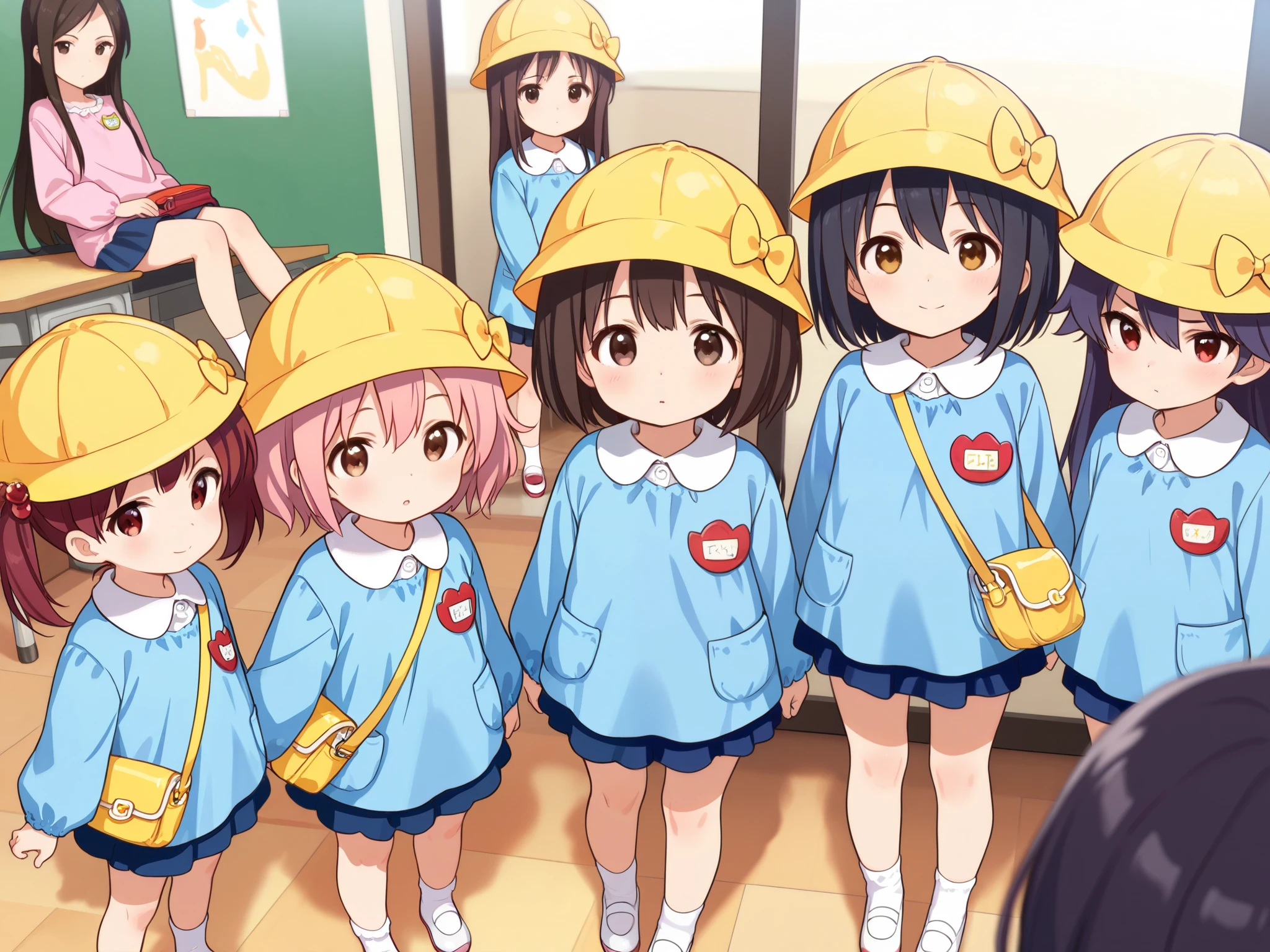 10girls, group of girls, multiple girls, (masterpiece, best quality, highly detailed, ultra detailed), bird eye view, So many girls, flat chested, various hair colors, small breasts, kindergarten, kindergarten cap, kindergarten uniform, kindergarten bag, socks