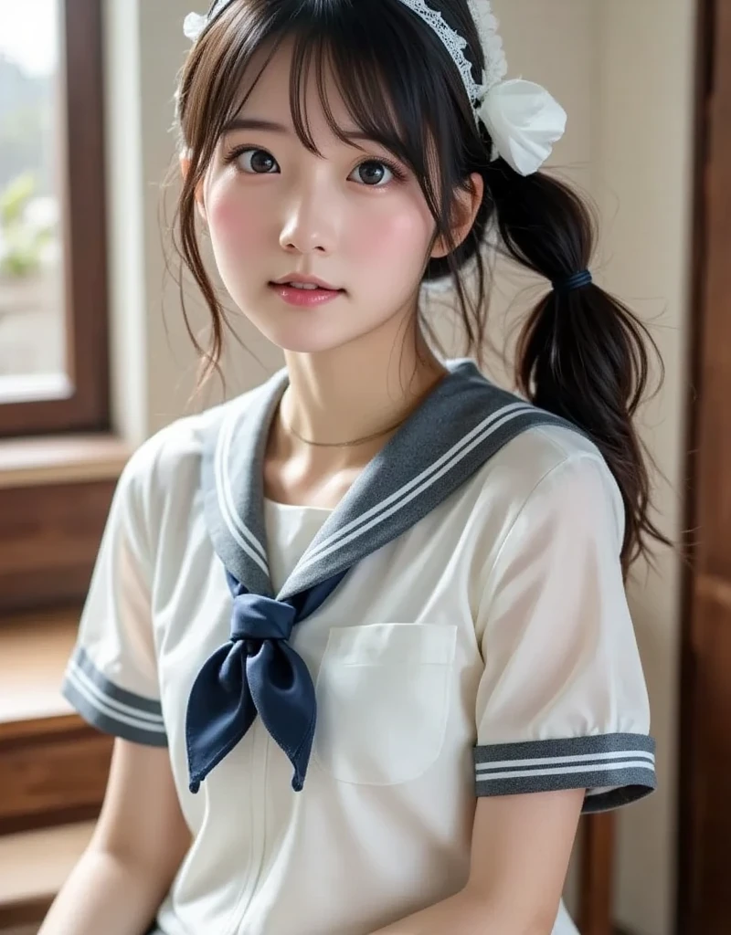 (masterpiece, highest quality:1.2), 8k, official art, RAW photo, incredibly absurd, ( sailor suit, serafuku:1.4), amazing beautiful girl, amazingly cute face, (navy pleated skirt:1.1), close, school uniform, short sleeve, gardenia, violaces, teen, street, looking at the viewer with a smile, no makeup, film grain, chromatic aberration, sharp focus, face light, dynamic lighting, cinematic lighting, detailed eyes and face,short hair、(((white skin without moles)))、 background bokeh、super slim thighs、((Erotic Panties are showing through、beautiful pussy line:1.1))、(High twin tails with ribbons:1.4),,(((A child with an extremely cute young face:1.35))), 、(very young with big breasts:1.2)