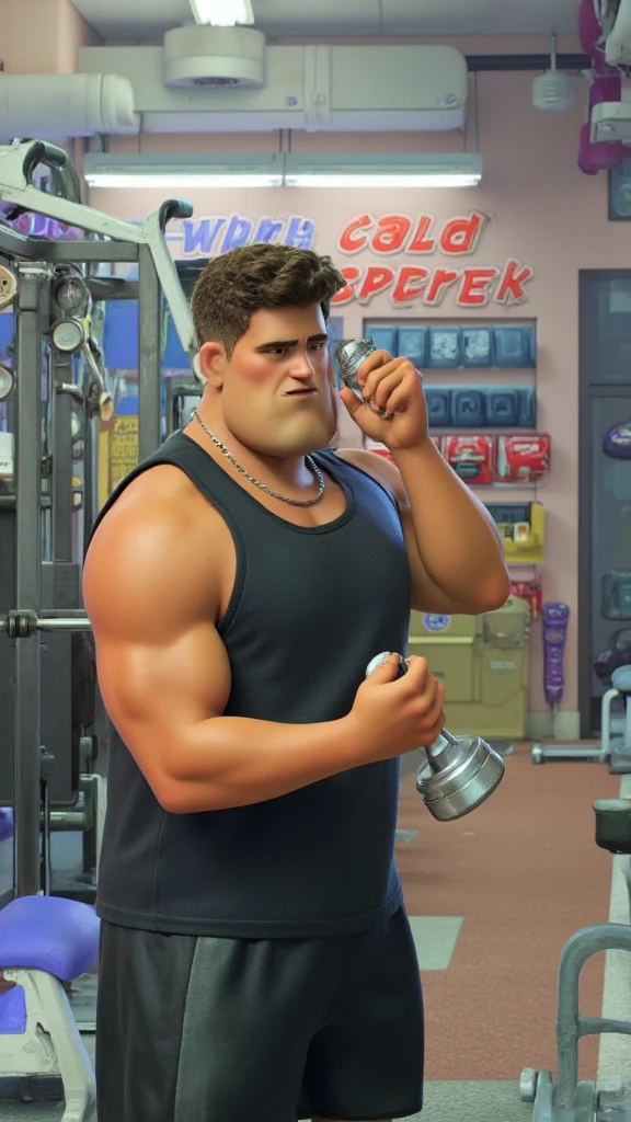 Disney Cartoon a strong man with muscles who is serious for the camera, iluminado por luzes de neon, in a weight training gym with dumbbells spread across the floor.