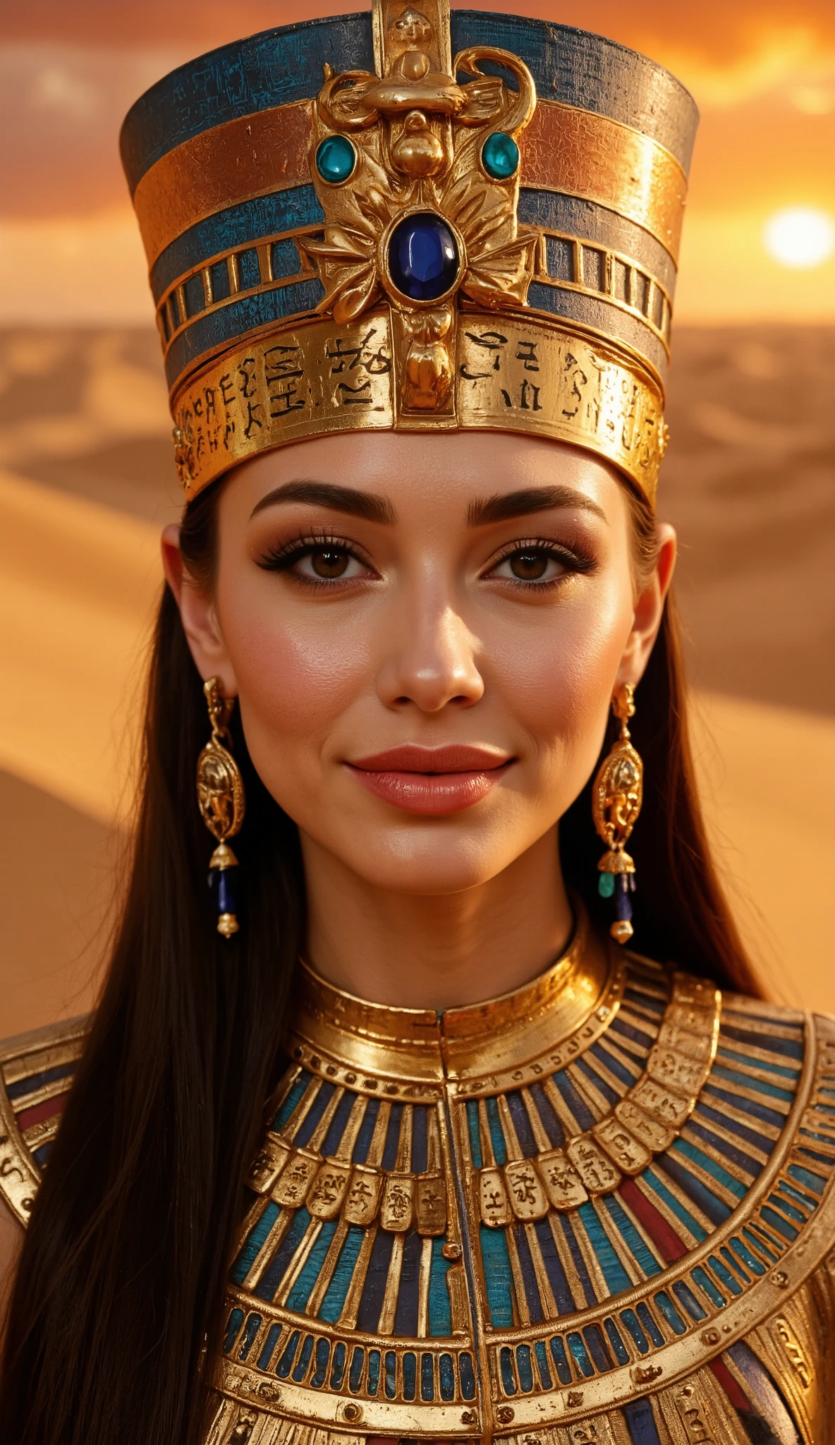 An Egyptian princess, her majesty as enchanting as the Nile at sunset. This close-up focuses on her mesmerizing smile, framed by a crown inspired by ancient pharaohs, adorned with lapis lazuli and gold. Her eyes are outlined with thick kohl, enhanced by shimmering turquoise eyeshadow, reflecting the treasures of Tutankhamun's tomb. A statement collar necklace featuring hieroglyphic inscriptions rests elegantly on her chest. Her lips are painted in a soft coral shade, complementing her warm complexion. The background is a soft haze of golden sand dunes under a fiery orange sky. --ar 3:4 --s 750