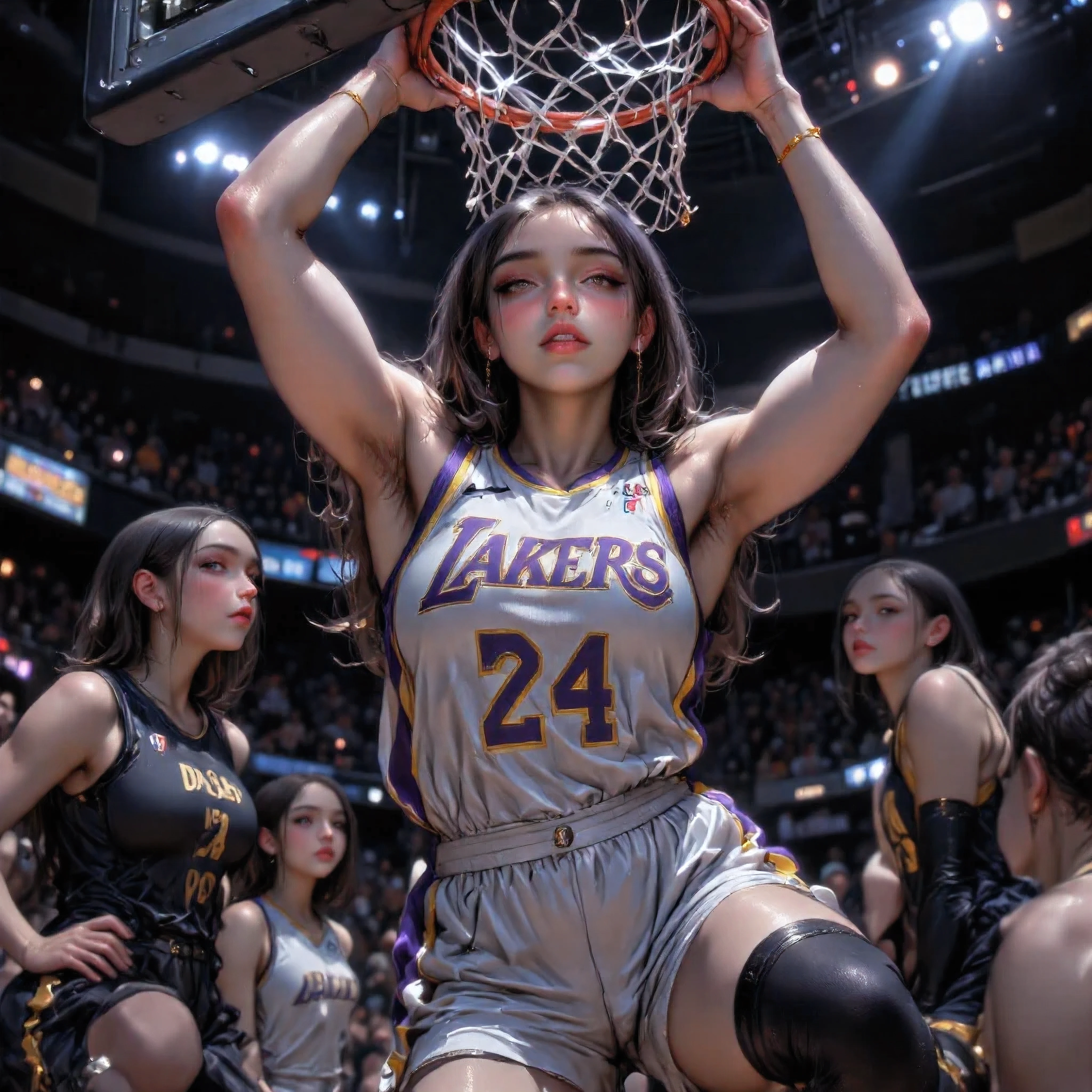 Today's theme is"NBA anime" Horse do a dunk in the NBA,motion blur,moving line.Basquete sanguesuga ✕ enterrada anime! Dynamic storyboard + muscle definition ～Draw the incendiary duel on the court!,do a dunk in the NBA,moving line,Team huddle,A few high school girls enjoying basketball,(serious expression:1.5)Powerful anime-style illustrations,Lakers uniform,Team huddle,A few high-school girls enjoying basketball,(serious expression:1.3)Powerful anime-style illustrations,Lakers uniform,perfect face:1.4), wide angle, mejiro ardan \(umamusume\),ear ornament,horse ears,horse tail,tail on the lower back,proportional body,proportional, beautiful hair, beautiful face,beautiful eyes,beautiful clavicle,beautiful body,beautiful , beautiful thigh,beautiful legs,beautiful fingers,(basketball girl, loose clothes,green basketball suit,mid-length pants),(sweat:1.2),(wet),sweaty,A powerful dunk shot,blush kind smile,ultra-realistic skin,UHD,HDR,good hands,