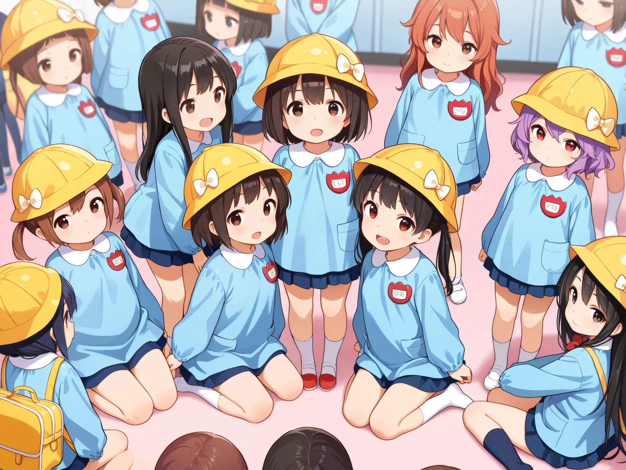 10girls, group of girls, multiple girls, (masterpiece, best quality, highly detailed, ultra detailed), bird eye view, So many girls, flat chested, various hair colors, small breasts, kindergarten, kindergarten cap, kindergarten uniform, kindergarten bag, socks