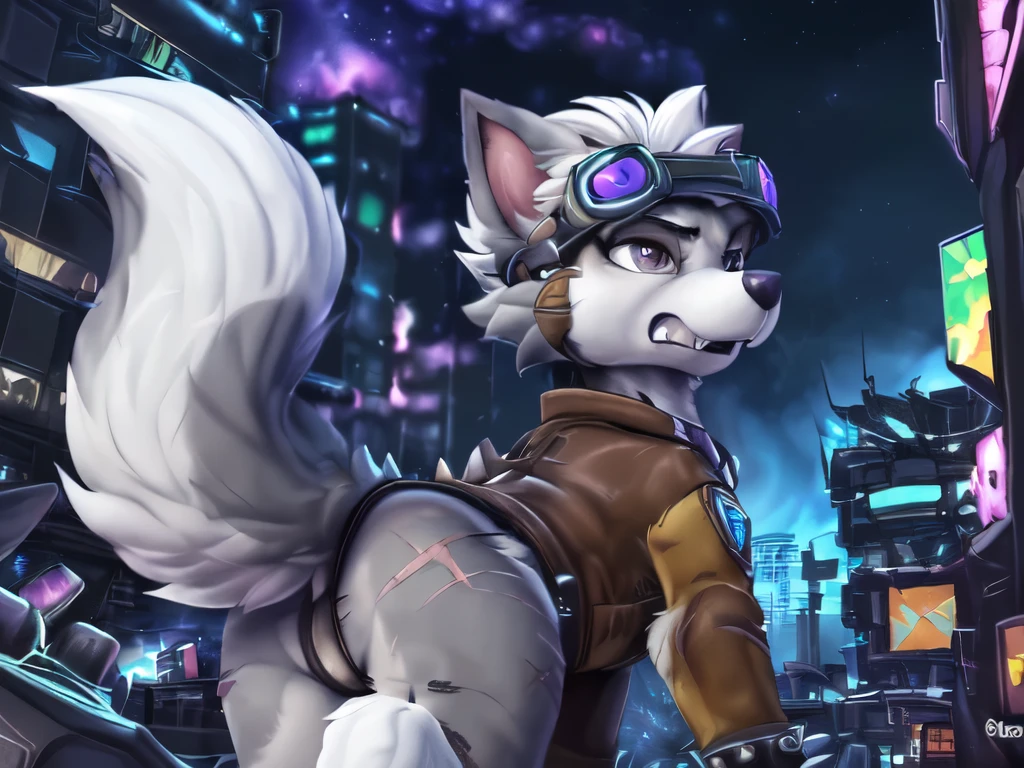 Gasket, ((Paw Patrol)), ((female solo)), domestic dog, female, adult female, brown eyes, (((gray fur)), ((gray body)), (wearing brown leather jacket:1.25), (wearing spike wristband:1.25), (feral:2.25) (quadruped:2.25), (hair over eyes:1.25), (white hair:1.25), ((sharp teeths)), ((large fangs)), gray eyes, (Shiny eyes:1.6), ((Pixar eyes)), perfect eyes, ((glowing eyes)), (hyper realistic:1.65), long fluffy tail, very large tail, tail up, very furry and fluffy, ((very large fangs)), perfect ligthing, (Cyberpunk city at night background:1.25), (building at fire at background:1.65), (back side view:1.45), looking at Viewer, ((seductive break)), ((spread legs)), spread legs, (rajii:1.1) (dimwitdog:1.1), (thesecretcave:1.25), (cooliehigh:1.1), (miles-df:1.1), (complextree:1.1), (pixelsketcher:1.1), (foxovh:1.1), (zaush:1.1), (avante92:0.70), (meesh:1.1), (inu-sama:0.80), (cervina7:1.1), (F-R95:0.70), (R-mk:1.1), (xpray:1.1), (standing tall:1.65), (large fluffy tail:1.65), (close up to face:1.25), (angry expression:1.45), (scars all over her body:1.65), (wearing long goggles over head:1.65), (starry:1.25), (nebula:1.25),