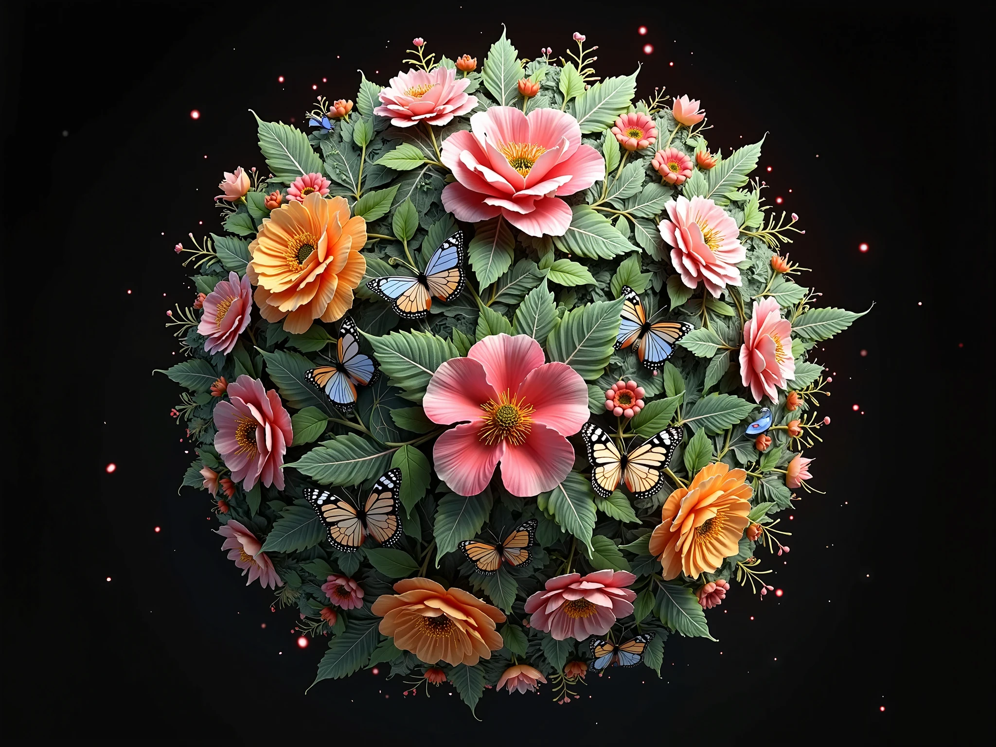 An intricately decorated three-dimensional sphere with vibrant flowers, delicate birds, detailed butterflies, and lush leaves, all harmoniously intertwined in an artistic design. The botanical elements and winged creatures follow the curvature of the sphere, creating a natural and enchanting effect. The background is solid black for easy cropping in Photoshop, ensuring that the colorful and illuminated details of the composition stand out. 4K digital art with rich textures, soft shadows, and realistic lighting for a stunning three-dimensional effect.