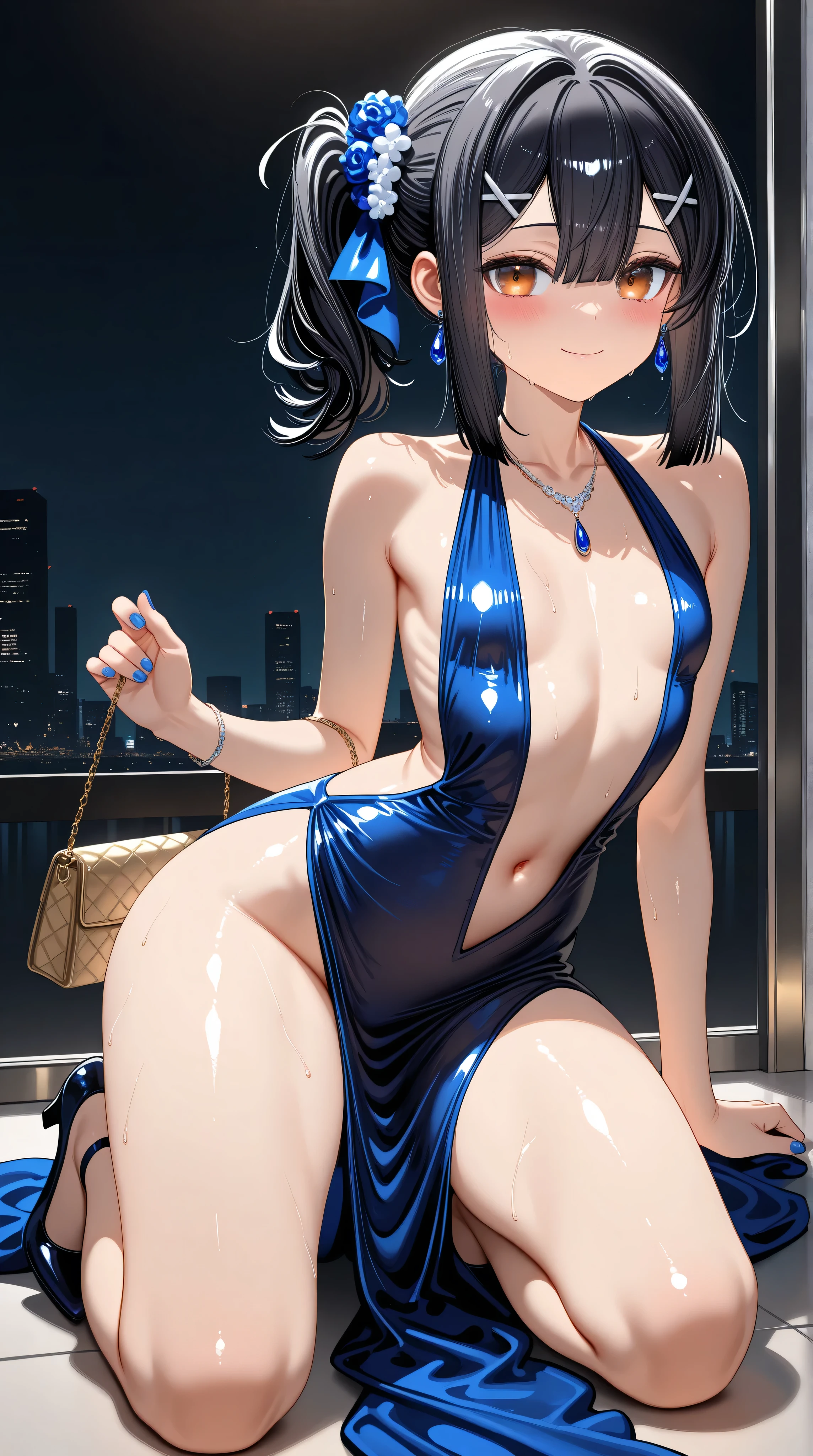 score_9_up, score_8_up, score_7_up, 1girl, solo, mature female, Maki, green ponytail hair, yellow eyes, glasses, red lips, parted lips, fit slim body, perfect medium erected breast,(((highly detailed eyes))), (((dark blue evening dress with plunging neckline, golden earrings, golden rings, black choker with shining rhinestones))), (((white modern villa with panoramic windows, pool, sunset))), outdoors, looking at the viewer, perfect model body, (((pulled up her dress and showing her ass and leopard thong under her dress))), (((from behind)))(((ass look)))