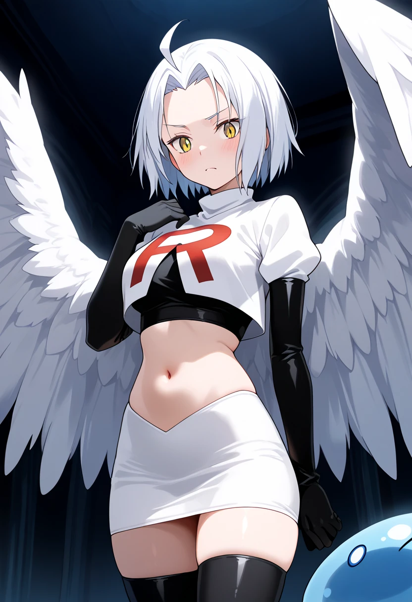 photorealistic, (4k), depth of field, (Masterpiece), (realistic skin texture), extremely detailed, intricate, hyper detailed, professional photography, high resolution, sharp detail, best quality, woman, short hair, pink hair, angel wings, large wings, yellow eyes, red gem on forehead, (flying:1.5), in the sky, (above clouds), (clouds:1.3), blue sky, between clouds, landscape far away, (outdoors), team rocket,team rocket uniform,white skirt,red letter R,crop top,black thigh-highs,black elbow gloves