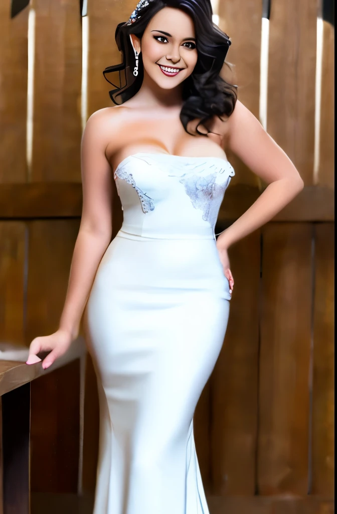 jen4con4 with long straight black hair, (massive tits crammed into a classy_white_dress:1.4), (huge_cleavage:1.9)