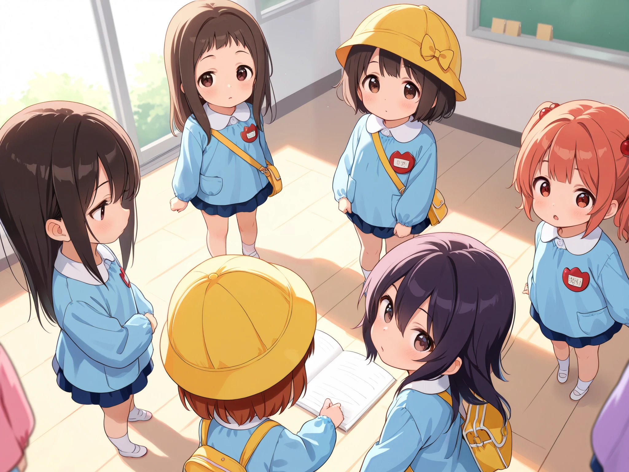 6girls, group of girls, multiple girls, (masterpiece, best quality, highly detailed, ultra detailed), bird eye view, So many girls, flat chested, various hair colors, small breasts, kindergarten, kindergarten cap, kindergarten uniform, kindergarten bag, socks