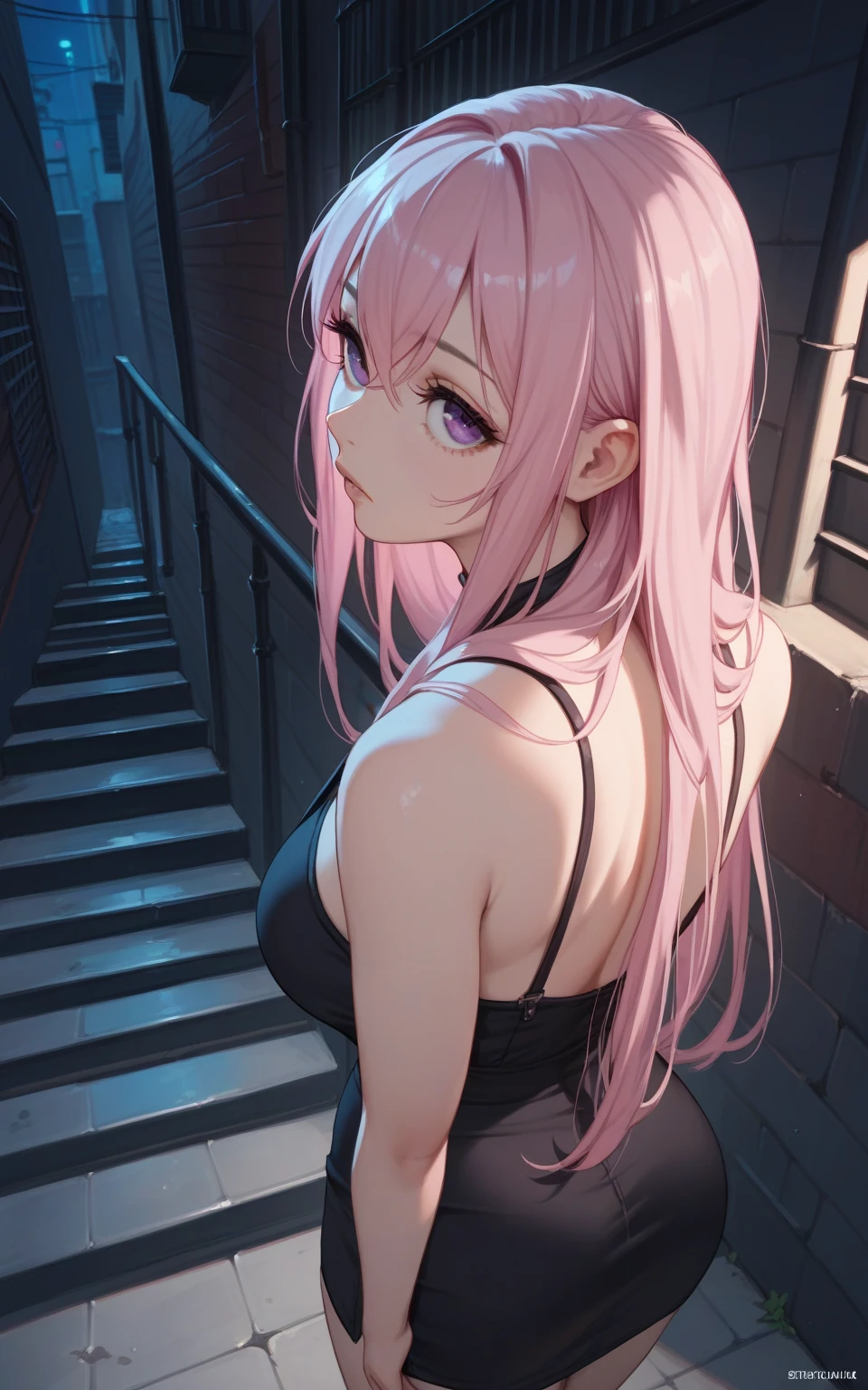 adult girl wearing evening dress, fishnet stockings, high heels and make up in police handcuffs under arrest while bending over, manicured fingers, pink hair, hands behind her back, anime