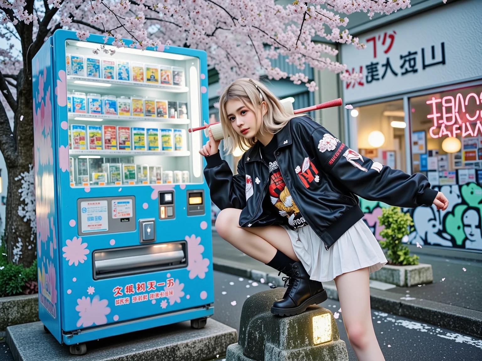Cute blonde teenage girl wearing clothes coming out of a refrigerator, glowing magic mushrooms growing on a shelf, cyber geisha in an oversized pink and green checkered dress, zebra print, color blocking, checkerboard floor, cat bowls with food on the floor, open refrigerator, view from the fridge, retro technology, cyberpunk art, kawaii, line art, Behance contest winner, psychedelic art, anime aesthetic, maximalist, psychedelic, anime aesthetic, Japanese pop art, graphic novel, comic book style, Ultra-HD, HDR, refreshing, incredibly detailed and intricate, hypermaximalist, elegant, ornate, hyperrealistic, super detailed