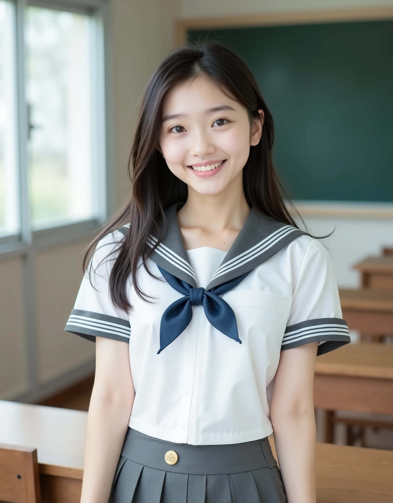 (Canon), (EOS R5), (50mm), (((photorealistic on the bed:1.5))), ( No Lens Flare :1.5), ((超high resolution)), (masterpiece), accurate,(realisticな質感の肌), Super Detail, High detail, high quality of wavy lines , winning work, 最high quality of wavy lines, 32K, depth of field, digital camera, award-winning glamour photo , professional lighting, (SFW), ((最high quality of wavy lines:1.5)), ((masterpiece:1.5)), ((realistic)), high resolution,realisticな影, Roughness, Real Life,(very beautiful and cute single Japanese woman), (The cuteness of a top Japanese idol), ((Upper body shot seen obliquely from the front :1.5)), (( upper body shot from head to knee :1.5)), (( cute 18-year-old Japanese high school girl )), ((High School Classroom, desk, chair, blackboard, and window visible )), ((( white short sleeve sailor suit :1.8))), (((襟と胸当てが灰色で3本の白色ラインがある半袖の白色夏服セーラー服と gray flared skirt with 1 big face を着て椅子に座っている:1.8))), (( short sleeve white sailor suit with gray collar and chest :1.8)), (( no front buttons on a sailor suit :1.8)), (( sailor suit bib is gray with 3 white lines :1.5)), (( gray flared skirt with 1 big face :1.5)), (( blue scarf for sailor suit :1.8)), ((gray scarf closure :1.5)), ((No Accessories:1.5)), ((no earrings:1.5)), ((Without necklace:1.5)), ((Women's watch on her left arm )), ((very cute high school girl who feels young)), Attractive cuteness , Seductive Poses, Height: 160cm, slim figure, Beautifully shaped bust, D cup, ((少し歯が見える very cute smile:1.5)), (alone:1.5), (There is only one person in the classroom), (brown eyes:1.9), ( Detailed depiction of extremely realistic skin ), (Highly detailed, realistic eyes:1.9), ( extremely beautiful long realistic eyelashes ), (Highly detailed, realistic eyebrows), (丸いbrown eyes :1.8), ( beautiful catchlight on the eyes), (Realistic lips with moisture ), (White Realistic Teeth Arrayed Neatly), ( Beautiful and Detailed Face :1.6), (hourglass figure:1.6), (Wasp waist :1.5), (Perfectly round and beautifully shaped breasts:1.8), ( clearly contoured cheekbones :1.5), (perfect style body :1.8), (Healthy body :1.8), (Narrow shoulders:1.9), (viewers on a busy beach), (mesmerizing gaze on the outer corner of the eye), (Beautiful, natural-looking hands), (beautiful pink nails with a beautiful length), ( show your hands as little as possible ), ( very cute smile:1.1), ( her stomach and navel may be slightly visible:1.4), (dark hair medium hair :1.3), (beautiful black hair), ( has bangs), natural atmosphere, Very cute type, beautiful thighs, (( evening classroom )), (( with a pencil case and notebook on her desk :1.4)), (( show your hands as little as possible )), ((I can't show my feet)), blur background, Illuminate the face, dynamic pose on the sofa, beautiful body line , Beautiful, realistic skin , Art Photography, beautiful soft writing, accurate手の形,accurate指の形,accurate指の数,5 fingers on one hand ,((No watermark, No signature))