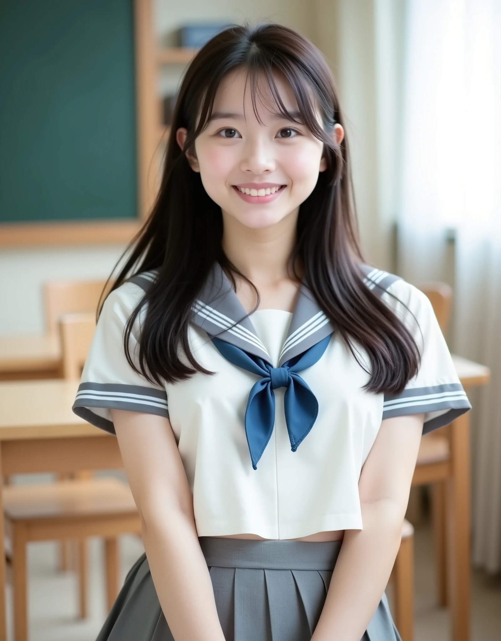 (Canon), (EOS R5), (50mm), (((photorealistic on the bed:1.5))), ( No Lens Flare :1.5), ((超high resolution)), (masterpiece), accurate,(realisticな質感の肌), Super Detail, High detail, high quality of wavy lines , winning work, 最high quality of wavy lines, 32K, depth of field, digital camera, award-winning glamour photo , professional lighting, (SFW), ((最high quality of wavy lines:1.5)), ((masterpiece:1.5)), ((realistic)), high resolution,realisticな影, Roughness, Real Life,(very beautiful and cute single Japanese woman), (The cuteness of a top Japanese idol), ((Upper body shot seen obliquely from the front :1.5)), (( upper body shot from head to knee :1.5)), (( cute 18-year-old Japanese high school girl )), ((High School Classroom, desk, chair, blackboard, and window visible )), ((( white short sleeve sailor suit :1.8))), (((襟と胸当てが灰色で3本の白色ラインがある半袖の白色夏服セーラー服と gray flared skirt with 1 big face を着て椅子に座っている:1.8))), (( short sleeve white sailor suit with gray collar and chest :1.8)), (( no front buttons on a sailor suit :1.8)), (( sailor suit bib is gray with 3 white lines :1.5)), (( gray flared skirt with 1 big face :1.5)), (( blue scarf for sailor suit :1.8)), ((gray scarf closure :1.5)), ((No Accessories:1.5)), ((no earrings:1.5)), ((Without necklace:1.5)), ((Women's watch on her left arm )), ((very cute high school girl who feels young)), Attractive cuteness , Seductive Poses, Height: 160cm, slim figure, Beautifully shaped bust, D cup, ((少し歯が見える very cute smile:1.5)), (alone:1.5), (There is only one person in the classroom), (brown eyes:1.9), ( Detailed depiction of extremely realistic skin ), (Highly detailed, realistic eyes:1.9), ( extremely beautiful long realistic eyelashes ), (Highly detailed, realistic eyebrows), (丸いbrown eyes :1.8), ( beautiful catchlight on the eyes), (Realistic lips with moisture ), (White Realistic Teeth Arrayed Neatly), ( Beautiful and Detailed Face :1.6), (hourglass figure:1.6), (Wasp waist :1.5), (Perfectly round and beautifully shaped breasts:1.8), ( clearly contoured cheekbones :1.5), (perfect style body :1.8), (Healthy body :1.8), (Narrow shoulders:1.9), (viewers on a busy beach), (mesmerizing gaze on the outer corner of the eye), (Beautiful, natural-looking hands), (beautiful pink nails with a beautiful length), ( show your hands as little as possible ), ( very cute smile:1.1), ( her stomach and navel may be slightly visible:1.4), (dark hair medium hair :1.3), (beautiful black hair), ( has bangs), natural atmosphere, Very cute type, beautiful thighs, (( evening classroom )), (( with a pencil case and notebook on her desk :1.4)), (( show your hands as little as possible )), ((I can't show my feet)), blur background, Illuminate the face, dynamic pose on the sofa, beautiful body line , Beautiful, realistic skin , Art Photography, beautiful soft writing, accurate手の形,accurate指の形,accurate指の数,5 fingers on one hand ,((No watermark, No signature))