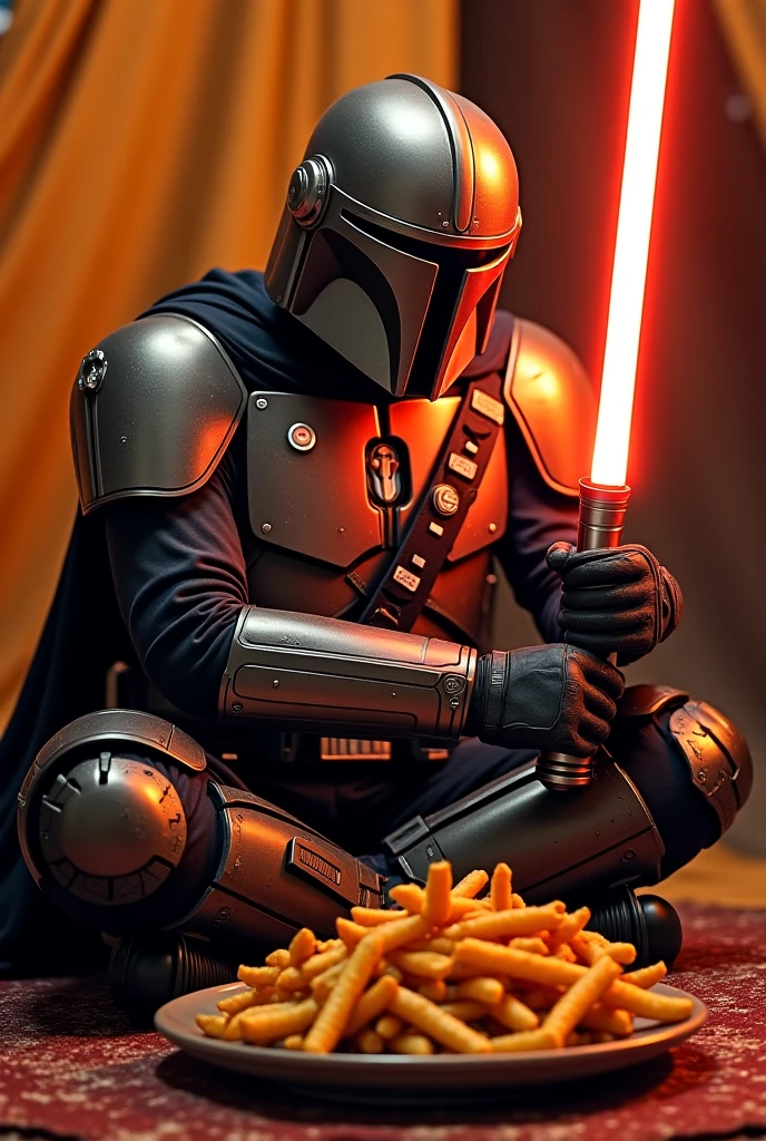A Mandalorian eating salchipapa with a lightsaber in Giuseppe's tent